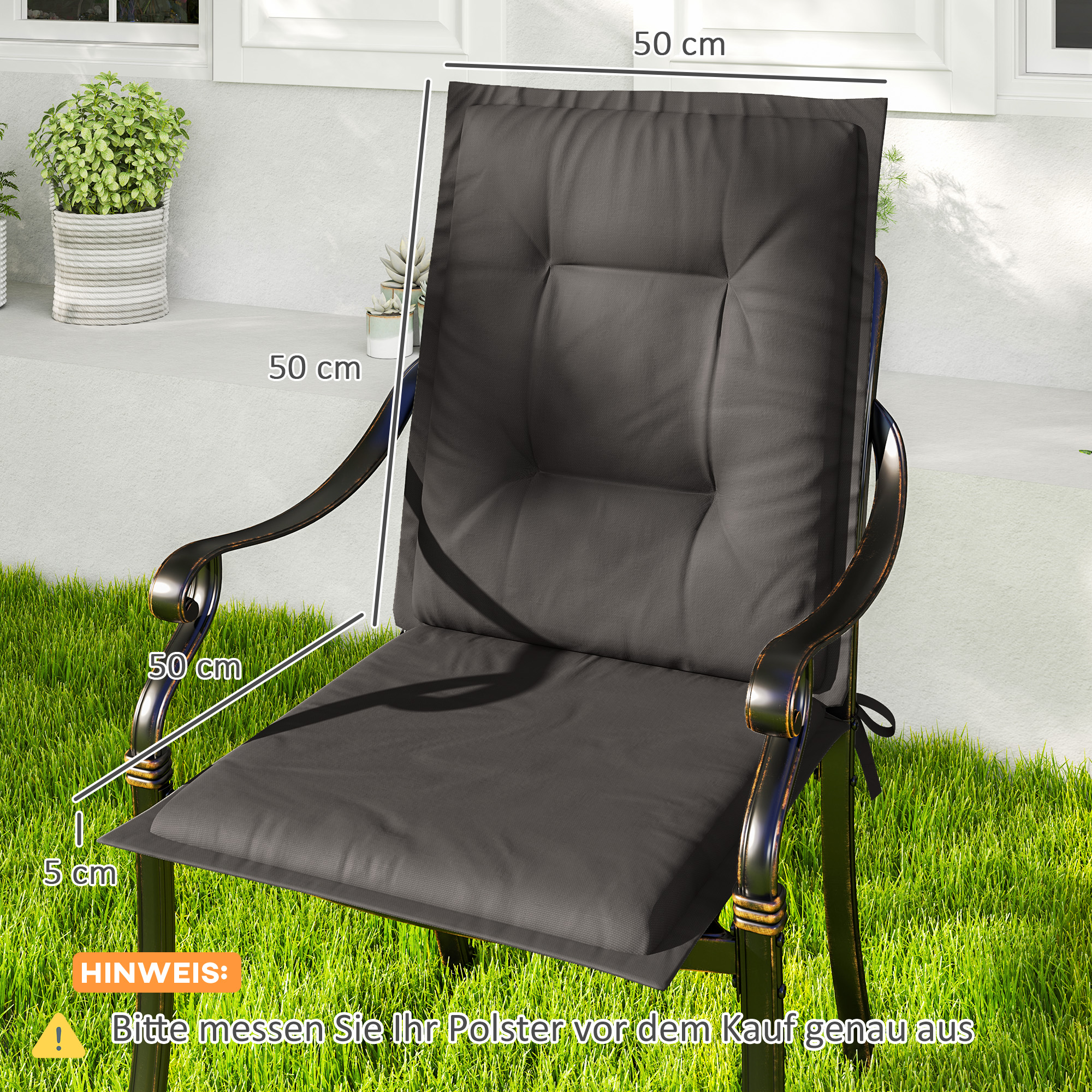 4er Set Sitzkissen 108 x 50 x 5 cm Stuhlkissen mit Bändern, Outdoor Indoor Sitzauflage Dunkelgrau