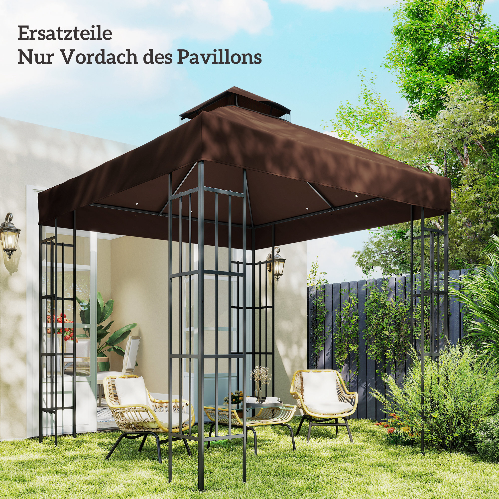 3 x 3 m Ersatzdach für Pavillon, Pavillon-Ersatzplane mit Wasserablauf-Löchern, UPF30+, Sonnenschutz, Kaffee