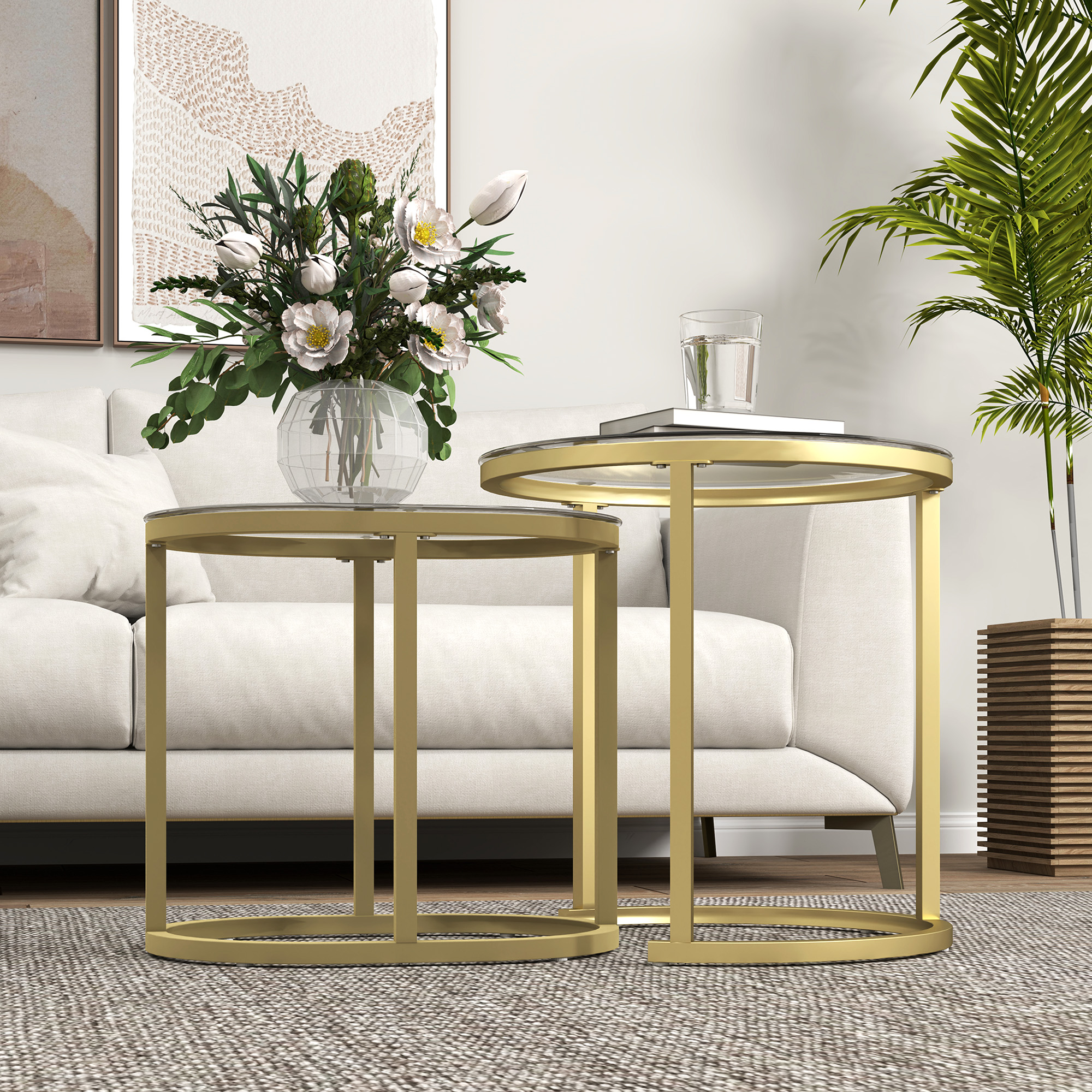 2er-Set Couchtisch, Ovaler und runder Kaffeetisch, stapelbar, Stahl, Ø50 x 50,5H cm, Gold
