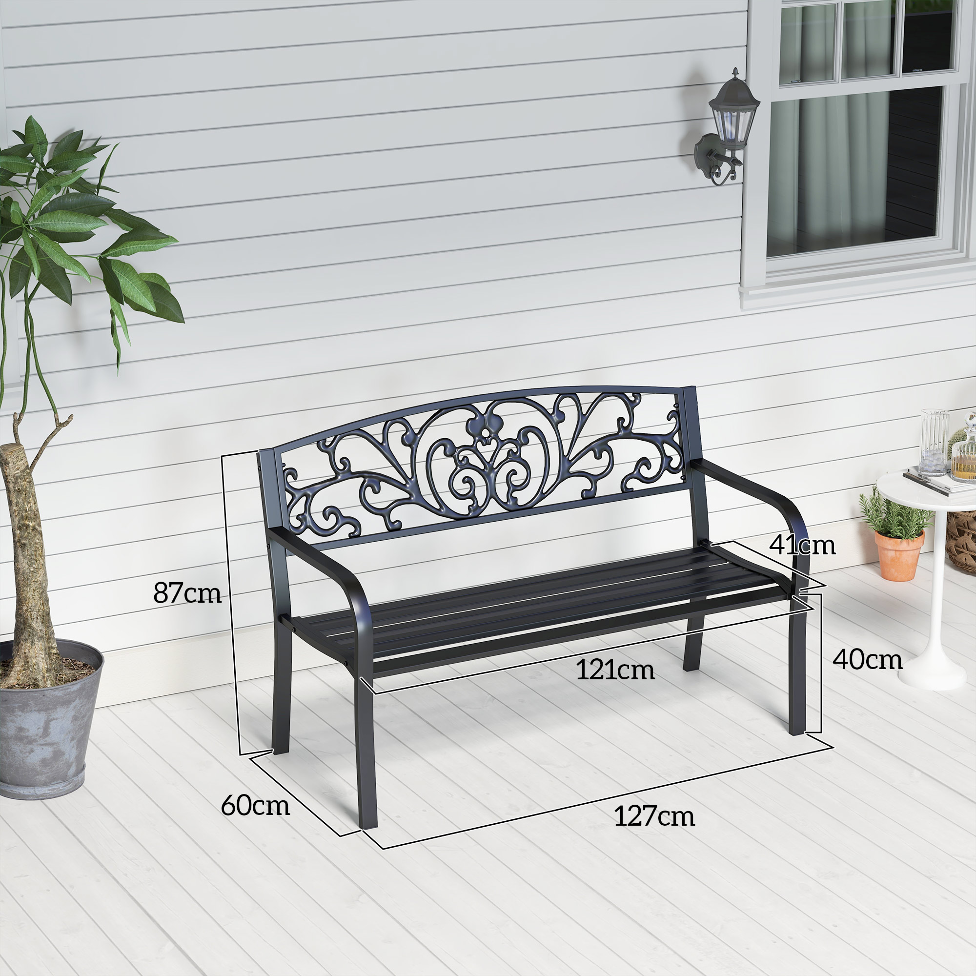 Metallgartenbank, Blumendesign, 2-Sitzer, 240 kg Tragkraft, Stahl, 127L x 60B x 87H cm, Schwarz