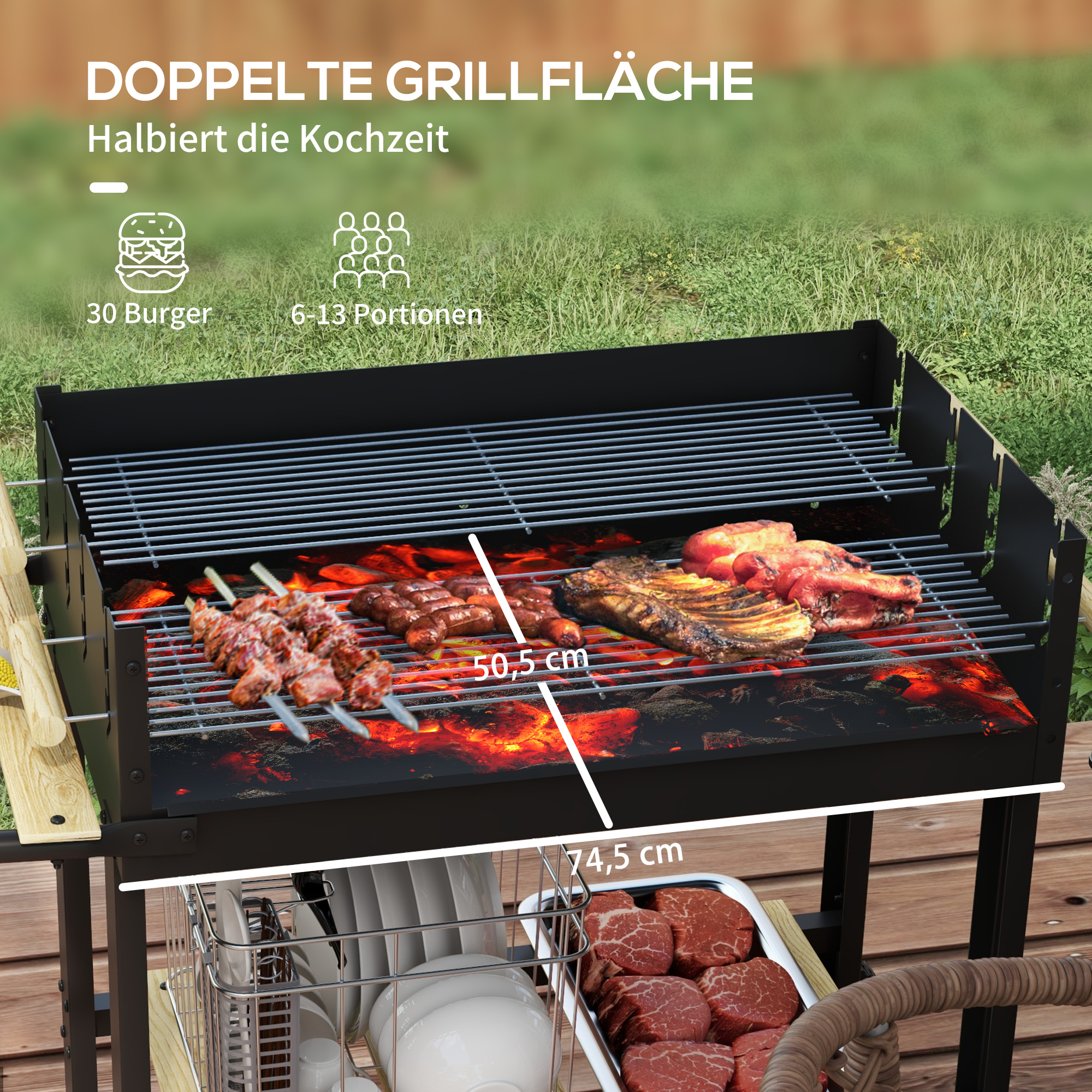 Kohlegrill, Grillwagen, 2 Grillflächen, 2 Räder, Griffe, Ablagen, 113 x 53,5 x 82,5 cm, Schwarz
