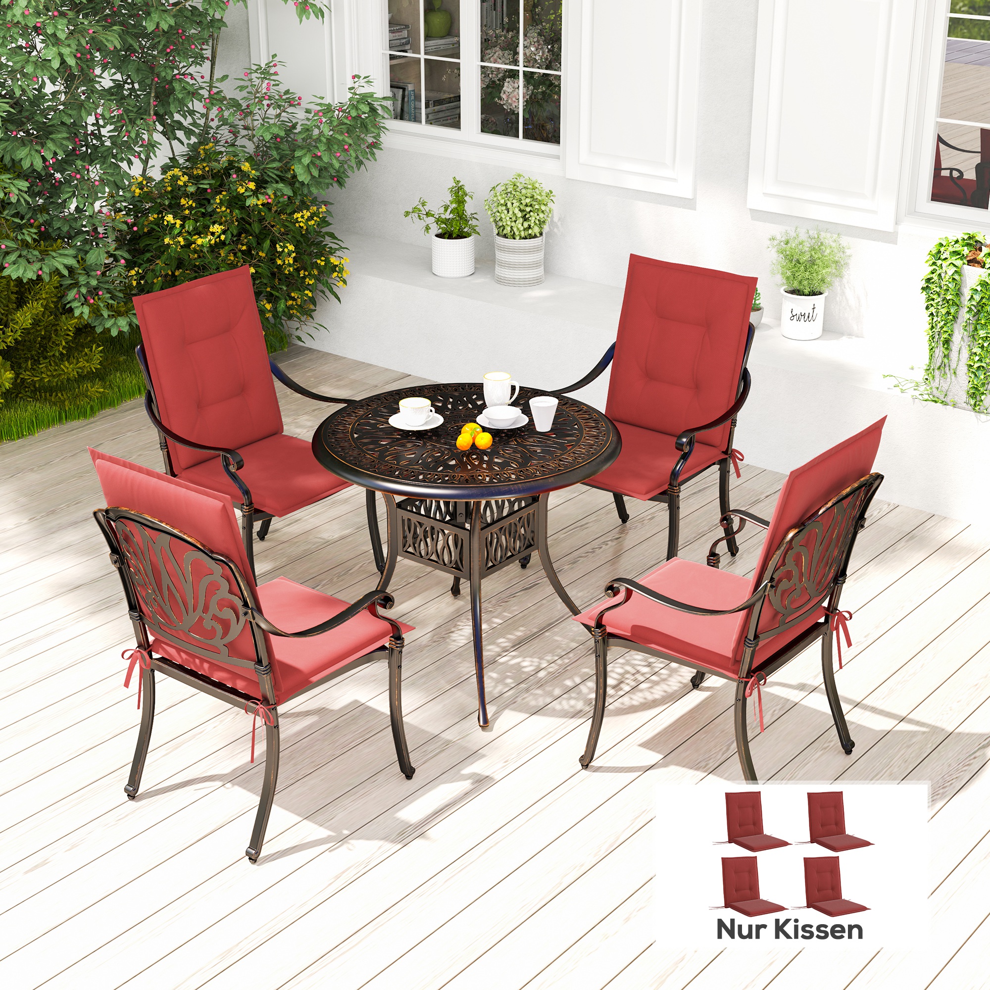 4er Set Sitzkissen 108 x 50 x 5 cm Stuhlkissen mit Bändern, Outdoor Indoor Sitzauflage Weinrot