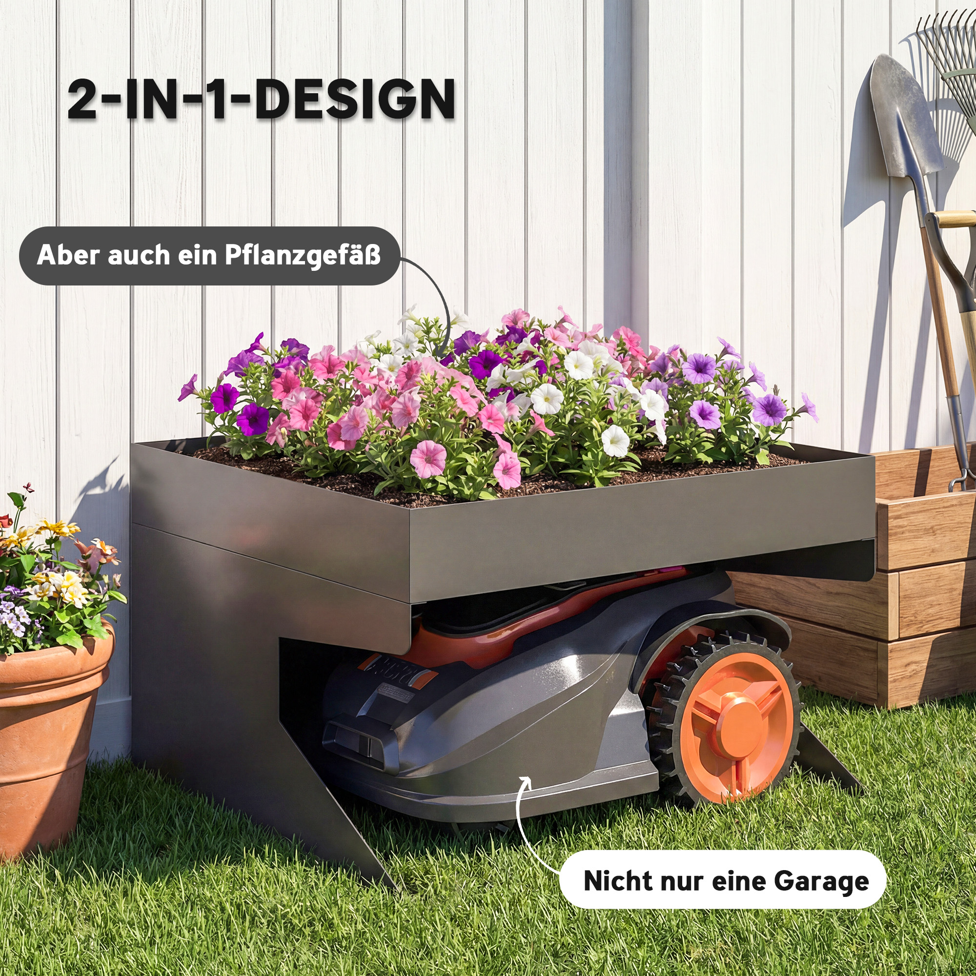 Garage für Mähroboter mit Pflanzkasten, Robuste Garage aus galvanisiertem Stahl, Schwarz