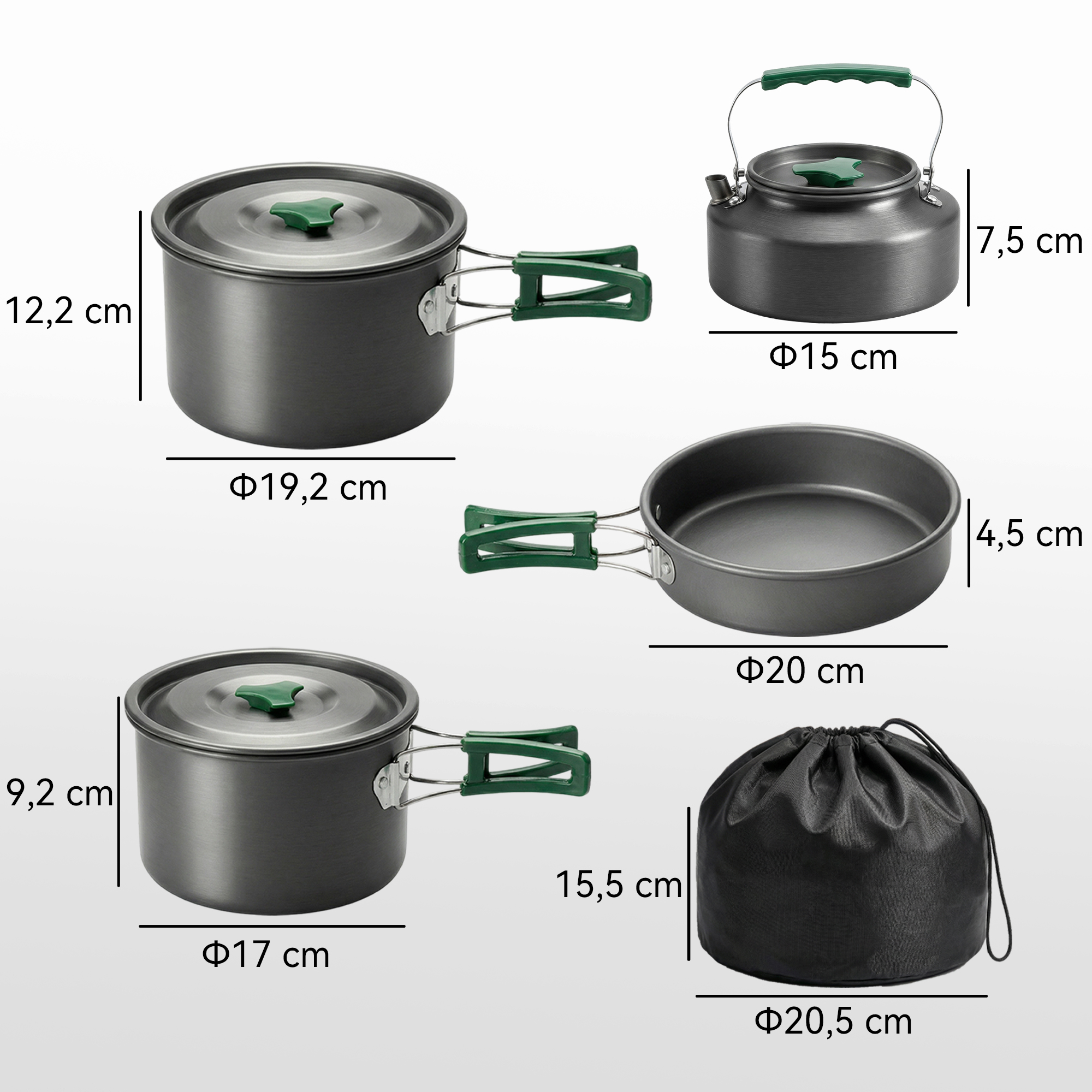 Camping Kochgeschirr Set 5-teiliges Outdoor Geschirr Set mit Anti-Verbrühungsgriffen Topf Pfanne für 4-5 Personen Grau
