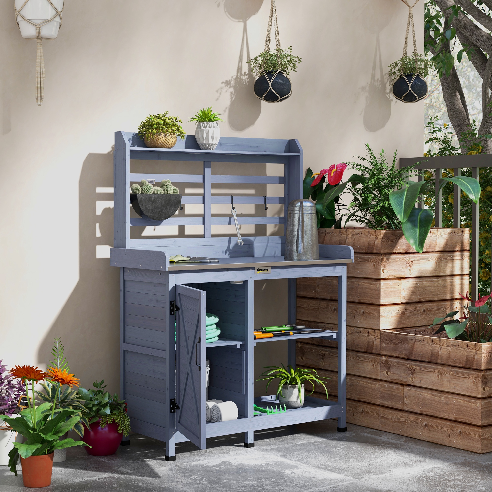 Gartentisch mit Schrankfach, Aluminium-Arbeitsfläche, Stauraum, 112x47x146cm, Grau