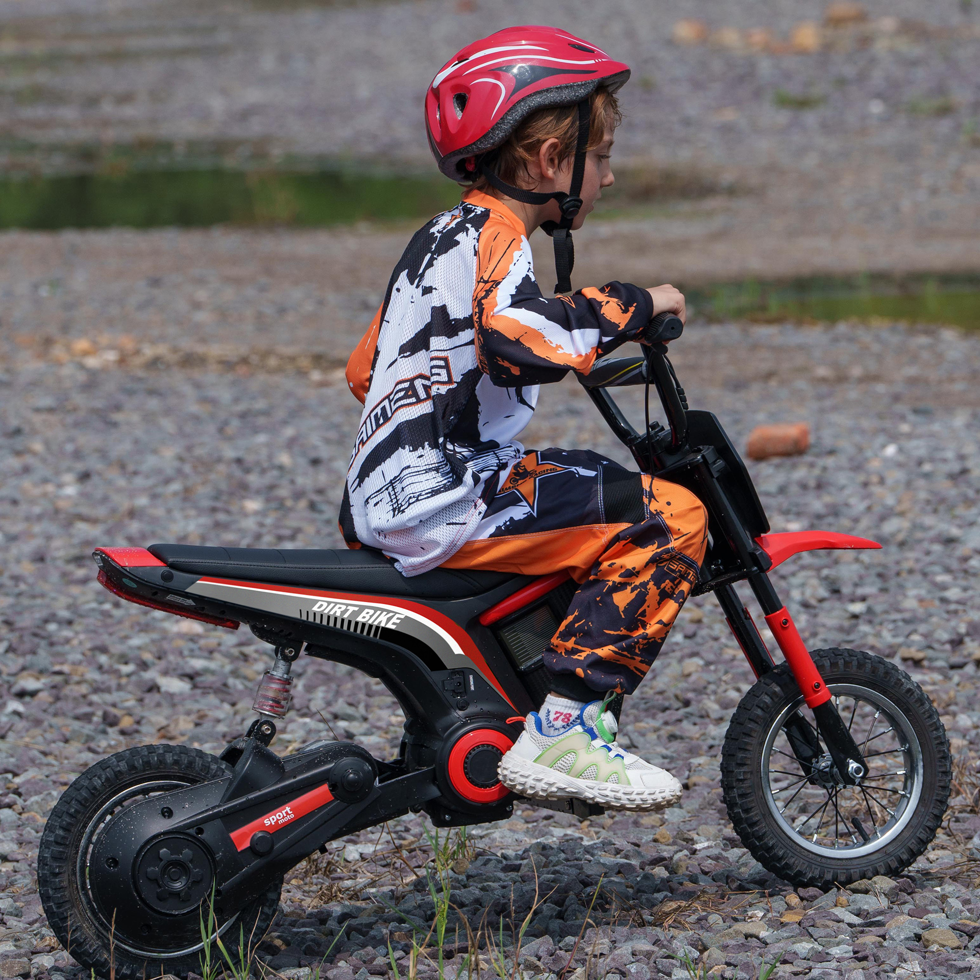Elektro-Motorrad für Kinder, 24V Kindermotorrad mit Hupe, Leuchte, mit Drehgriff-Gashebel, 8-16 km/h, 8-12 Jahre, Rot