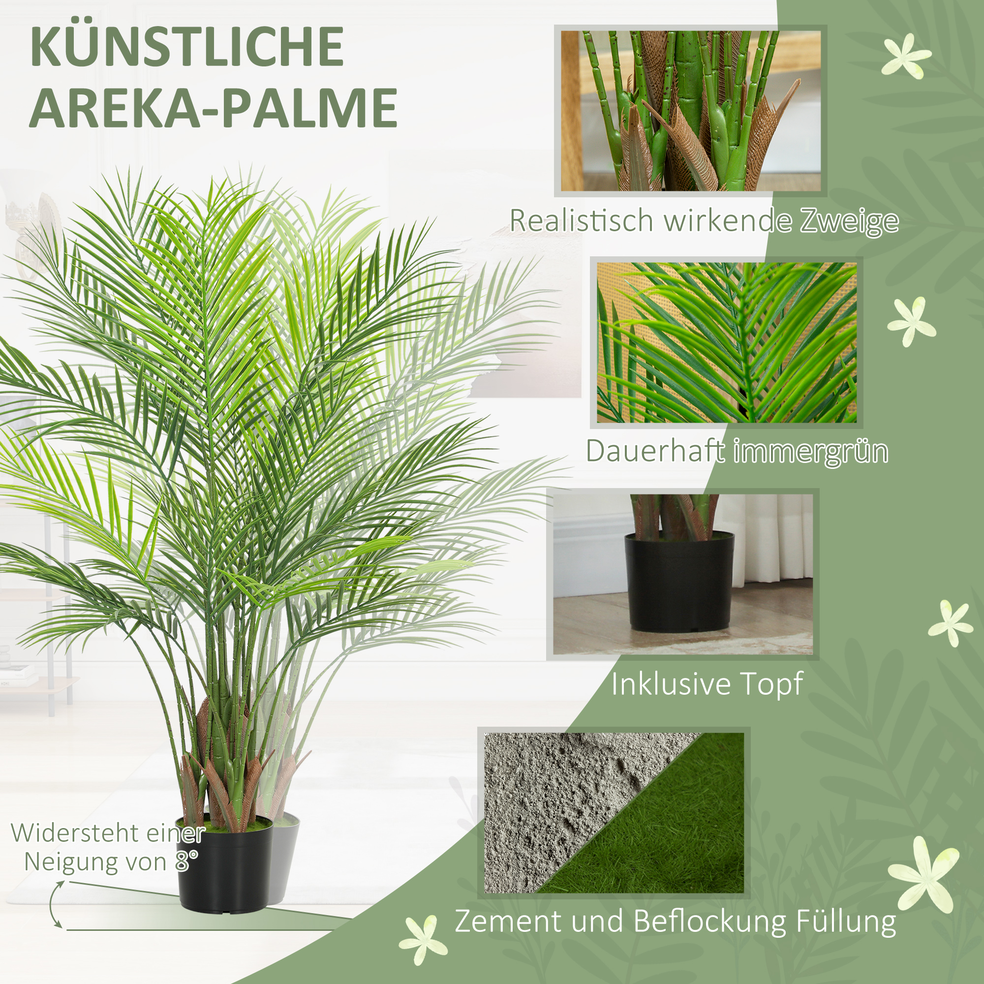 Künstliche Palme groß 120cm Kunstpflanze, Plastik Künstliche Pflanzen im Topf für Wohnzimmer Büro