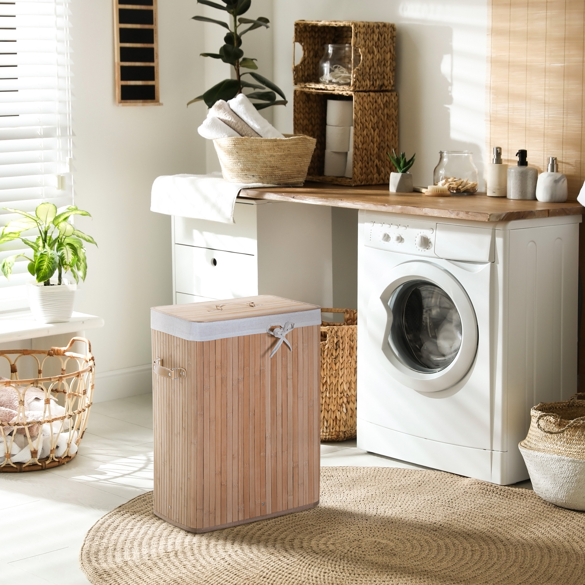 Wäschekorb schmal mit Deckel 72L Wäschesammler mit Griff, herausnehmbarer Wäschesack, Wäschebox für Waschküche Schlafzimmer Badezimmer Natur