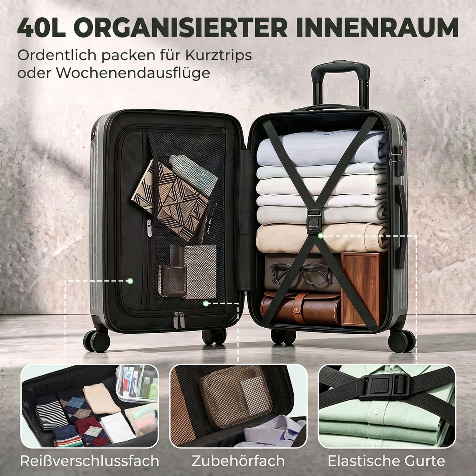 Handgepäck Koffer Hartschalen Reisekoffer mit 4 Rollen 56 cm Dunkelgrau