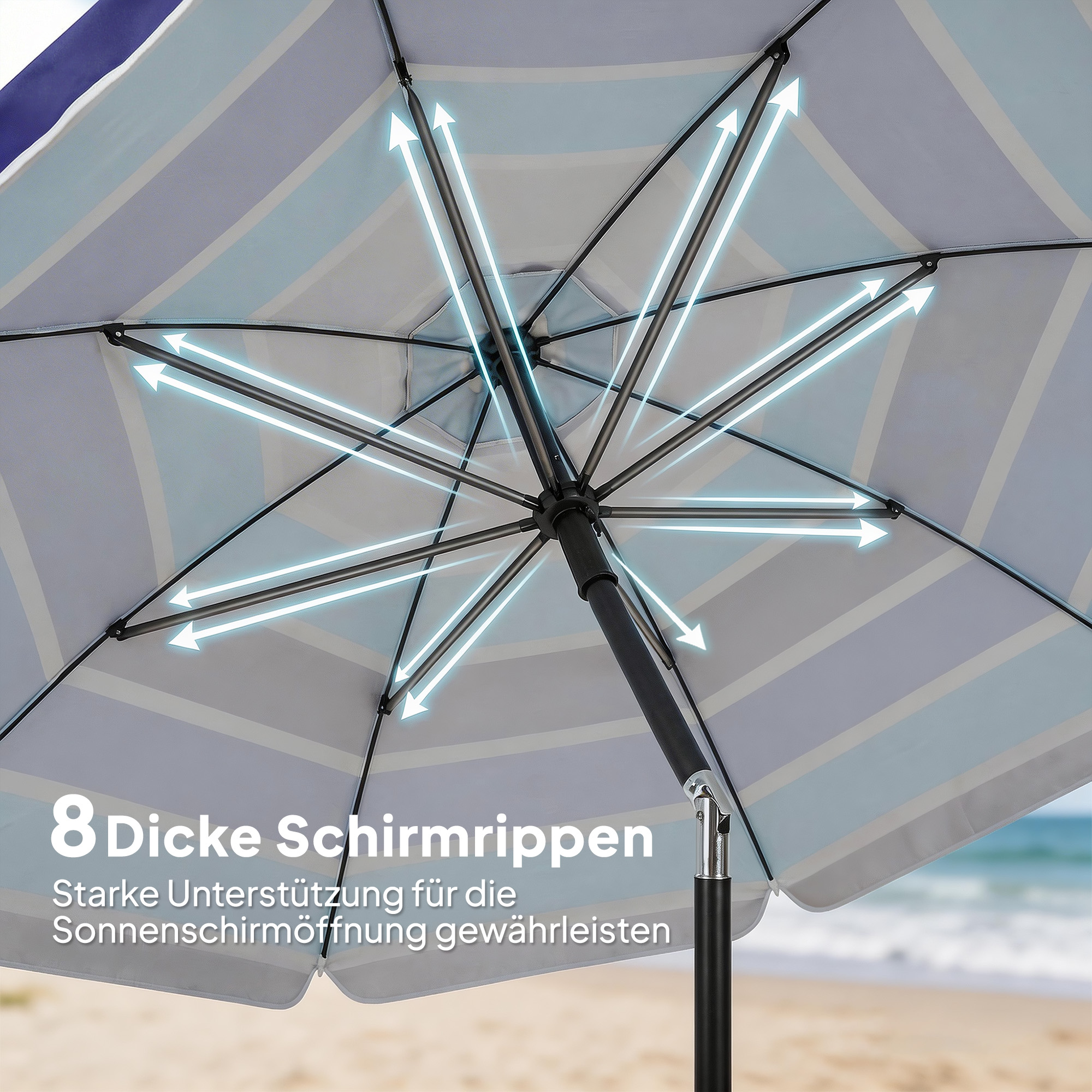 Sonnenschirm Strand Ø198 cm UV30+ Strandschirm mit klappbar Tisch Getränkehalter verstellbarer Neigung Mehrfarbig