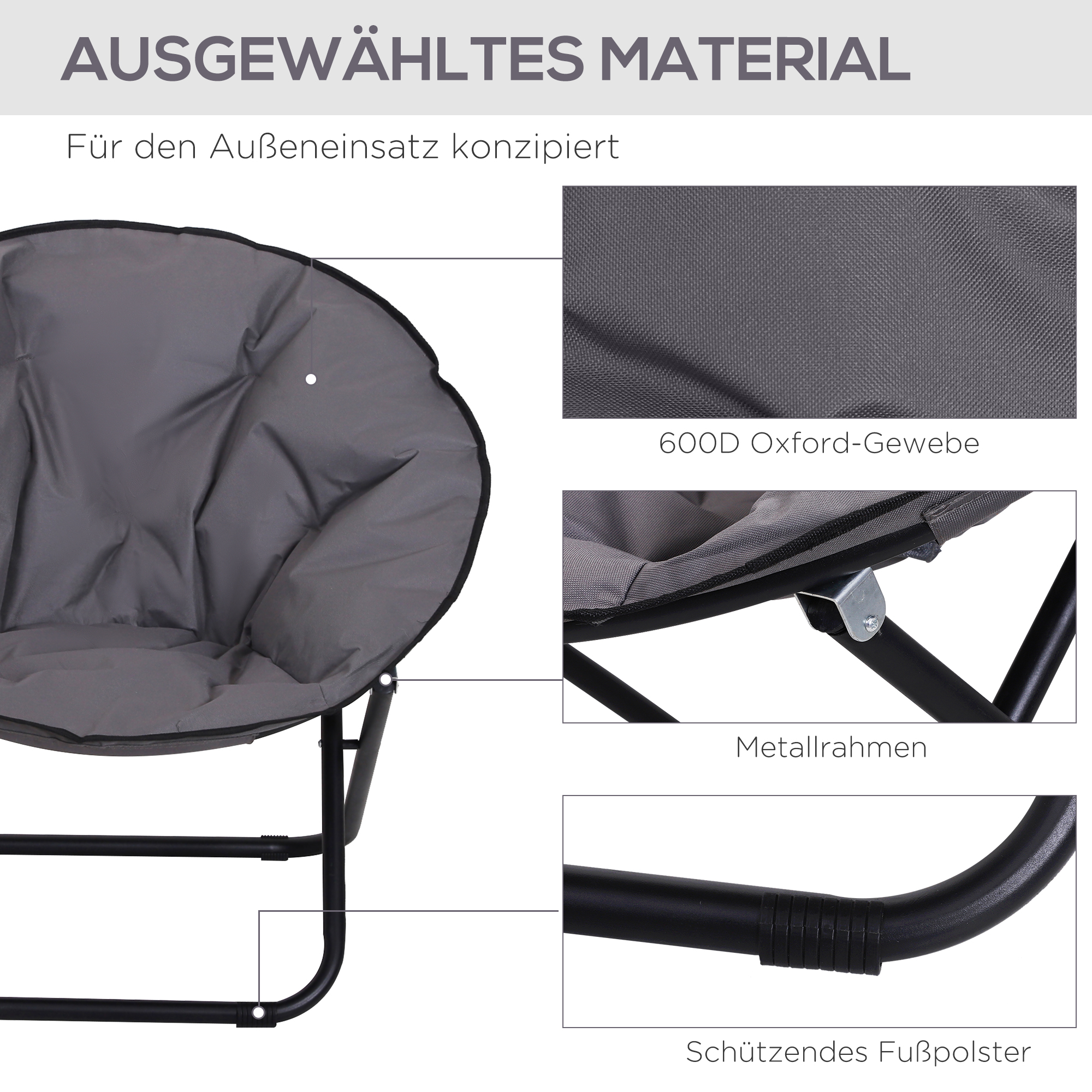 Campingstuhl Faltbar Campingsessel mit Lehne, Klappstuhl bis 120kg, gepolstert Moonchair Extra Breit, Faltsessel Outdoor Stuhl für Garten, Balkon, Camping, Grau