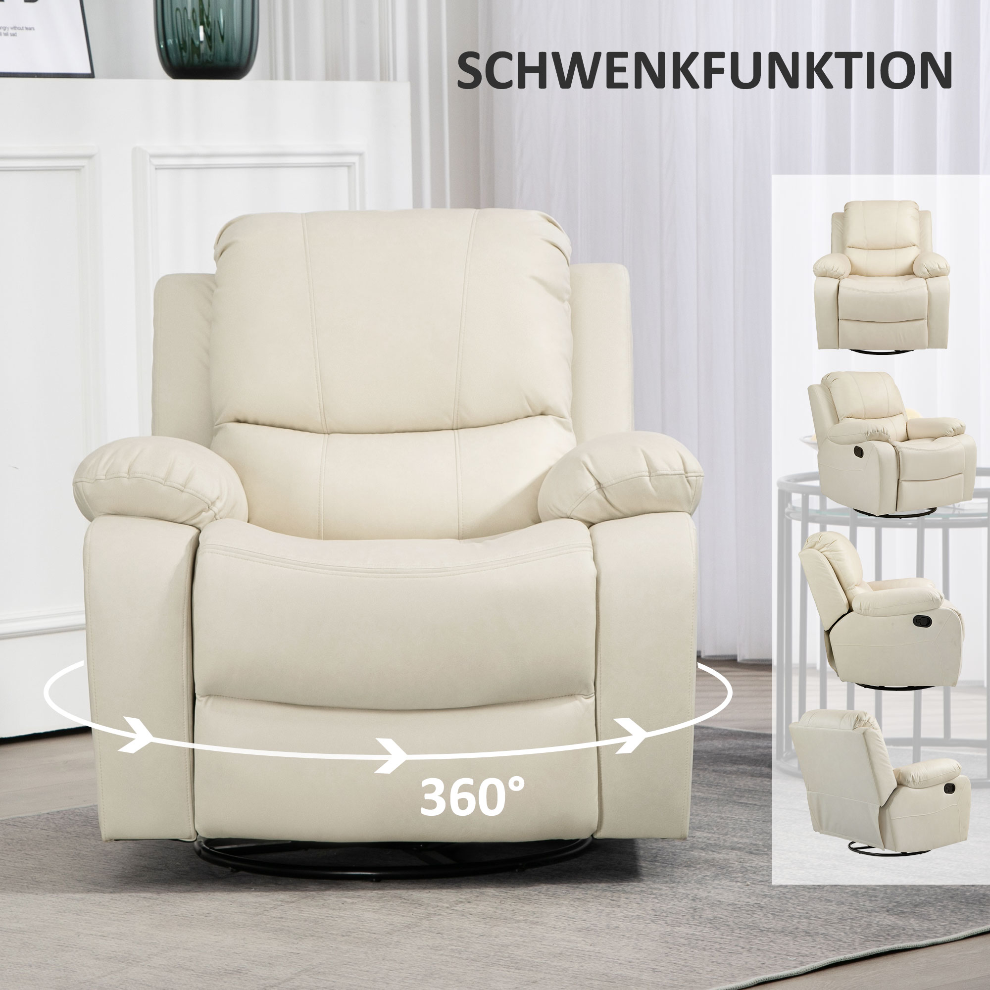 Relaxsessel, verstellbare Lehne & Fußstütze, drehbar, bis 150 kg, Stahlrahmen, 93x100x98cm, Cremeweiß