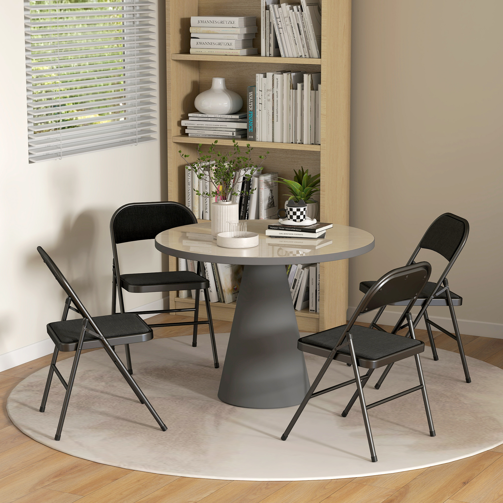 4er-Set Klappstühle, Tragbare Bürostühle, Metallbeine, Faltstuhl für Büro, Empfang, Wartezimmer, Leinenoptik, Schwarz