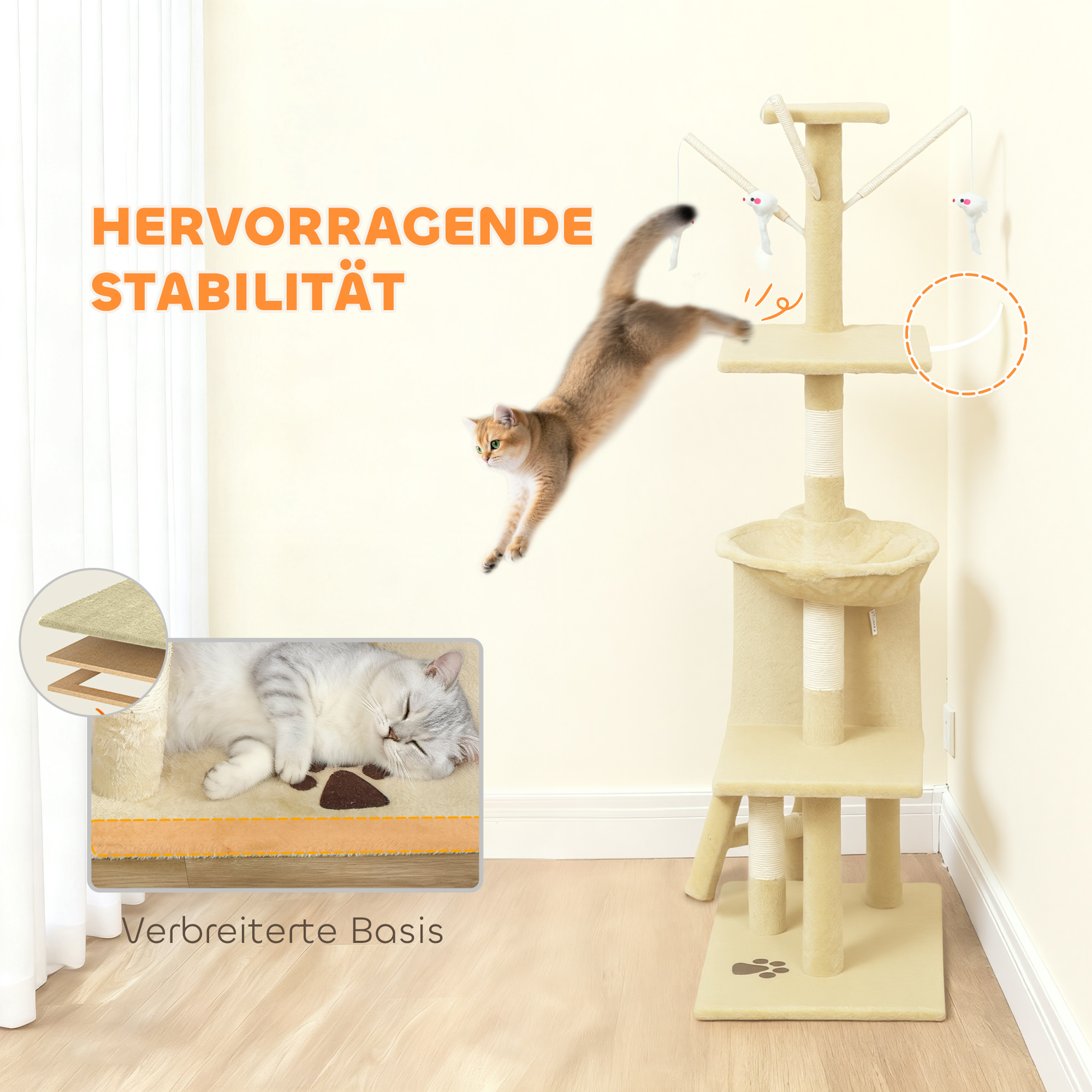 Kratzbaum Katzenbaum mit Höhle, 4 Spielzeuge, Sisalstämme, große Plattform, Treppe, für Katzen unter 5 kg, Beige