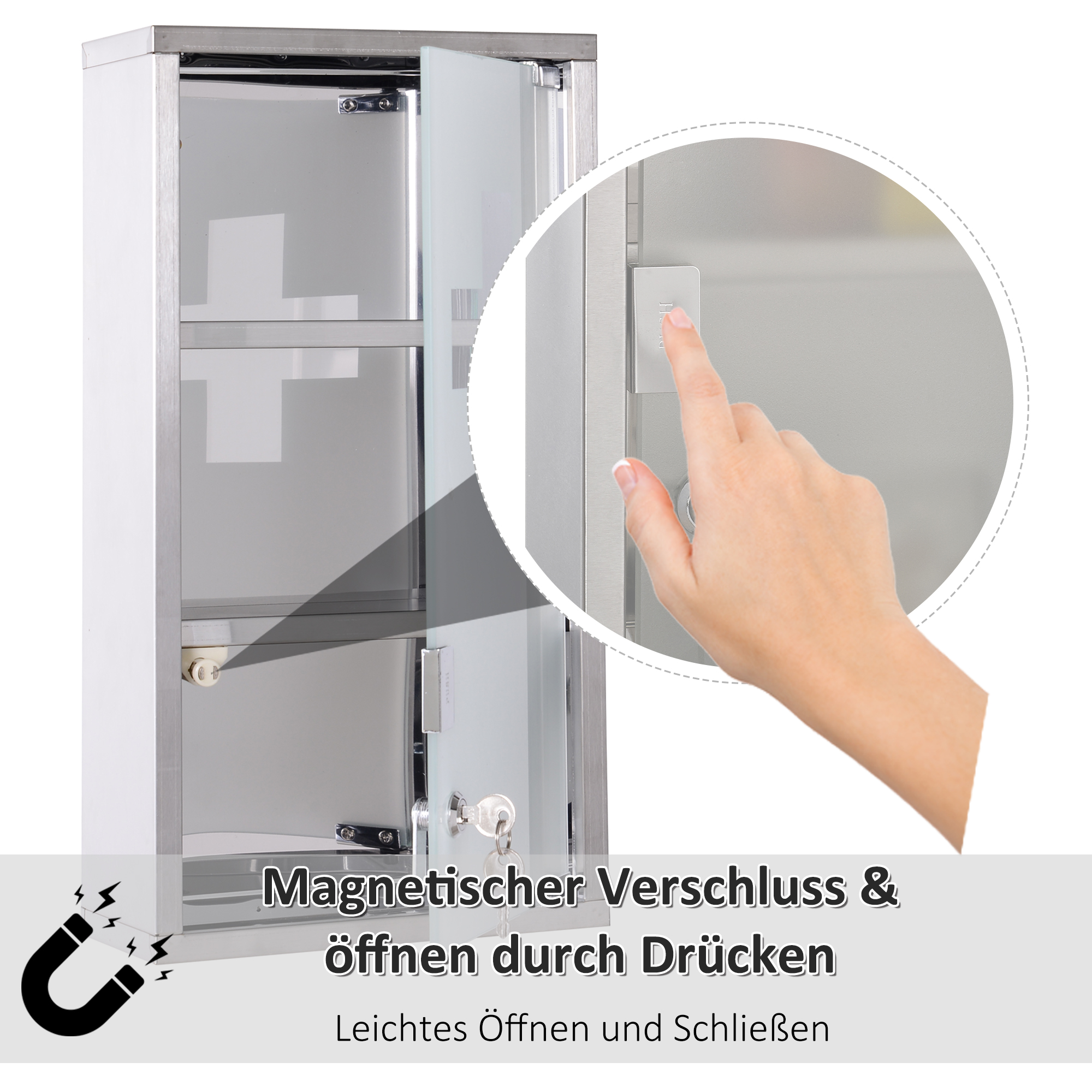 Medizinschrank aus Edelstahl Arzneischrank zur Medikamenten-Aufbewahrung, Abschließbar Medikamentenschrank mit 3 Fächer, Glastür 25 x 12 x 48 cm, Silber