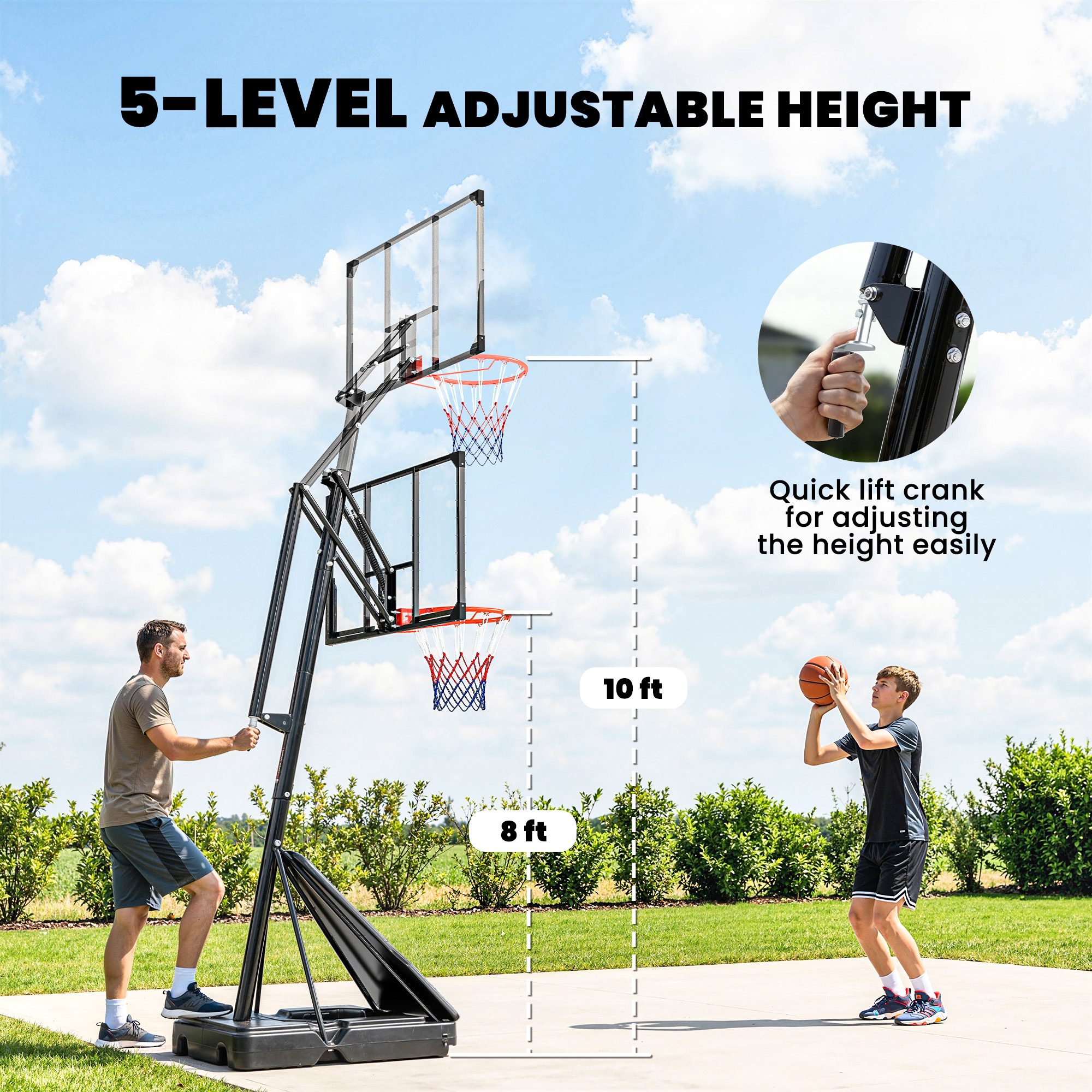 Mobiler Basketballkorb, höhenverstellbar von 2,45-3,05 m, bruchsicheres Backboard, Handkurbel-Höhenverstellung