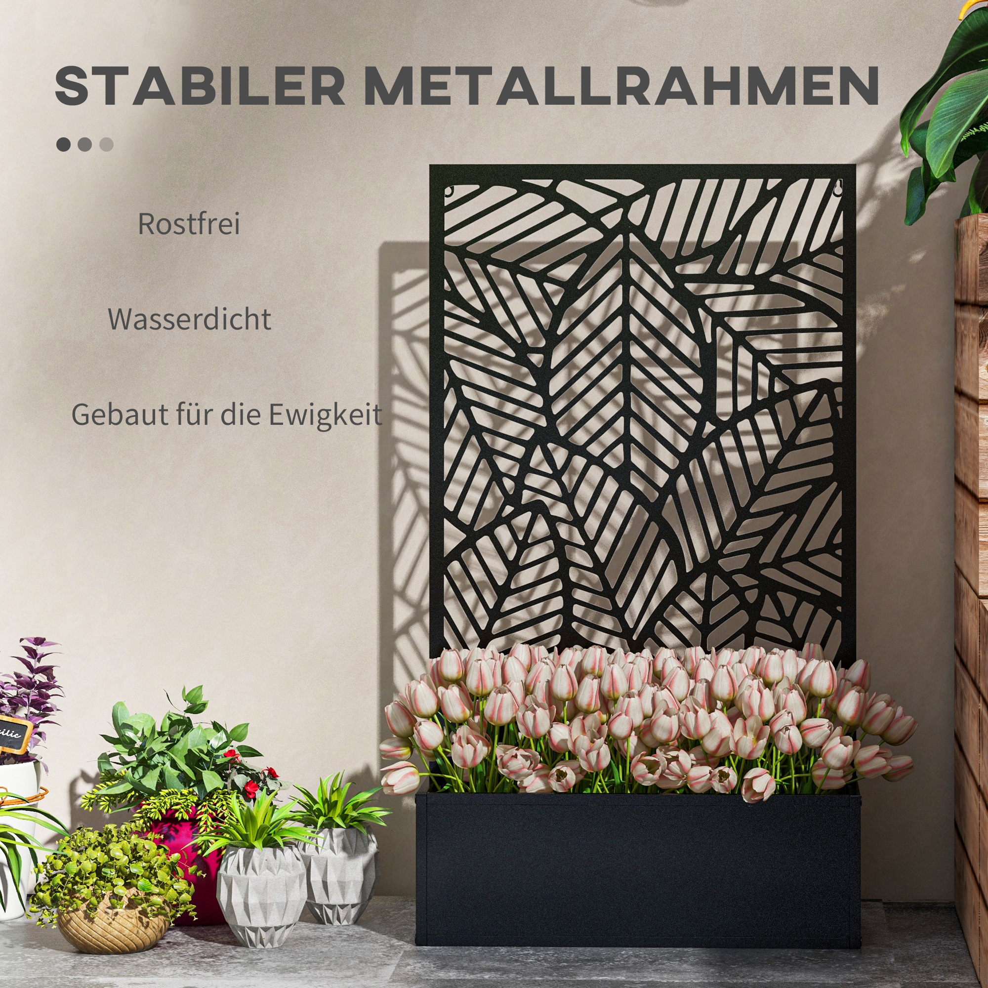 Sichtschutz mit Blumenbeet, Außen-Paravent, Trennwand mit Blumenkübel, Metall, Schwarz