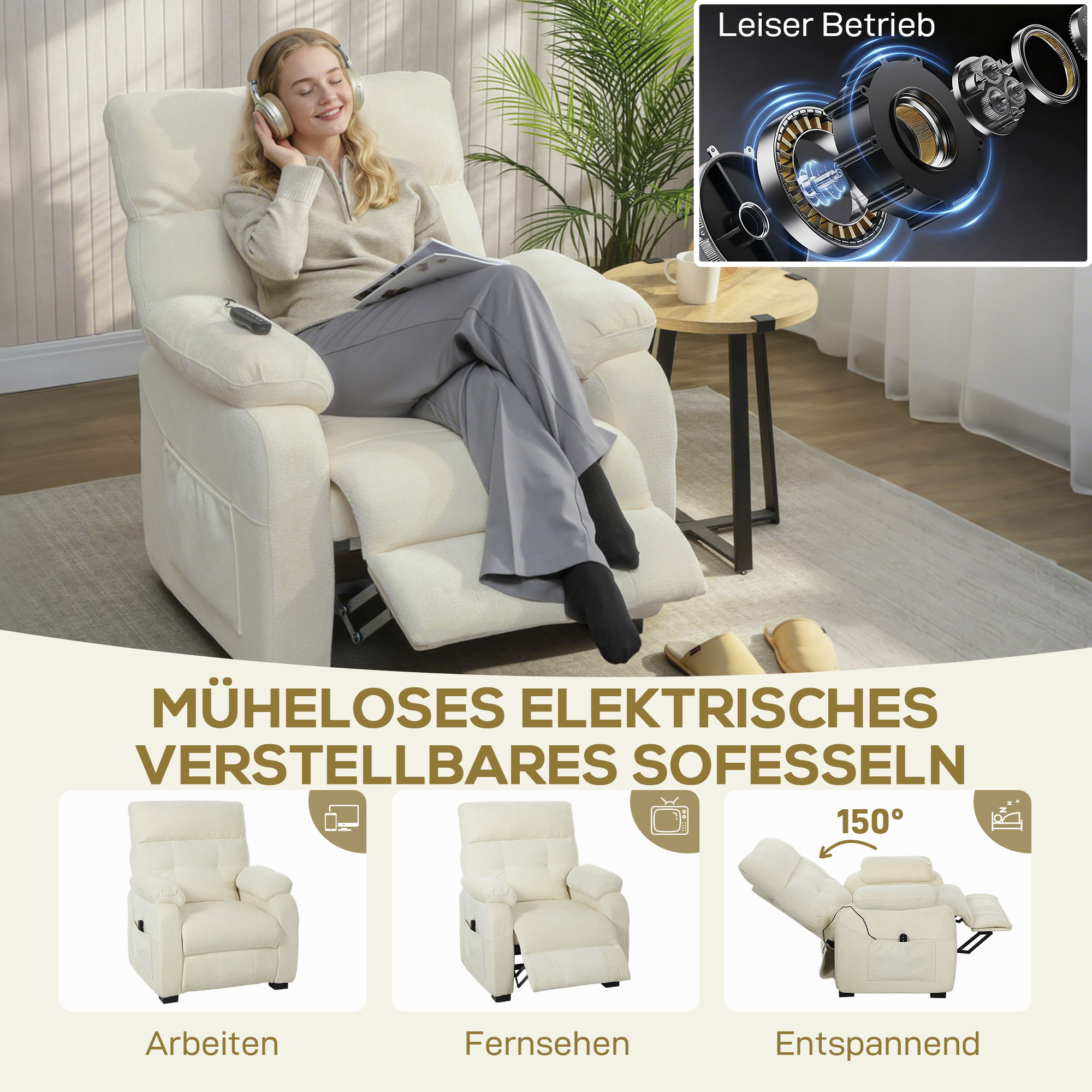 elektrischer Relaxsessel Fernsehsesel mit Fußstütze, Seitentaschen, bürstenlosem Motor, USB-Anschluss, Fernbedienung