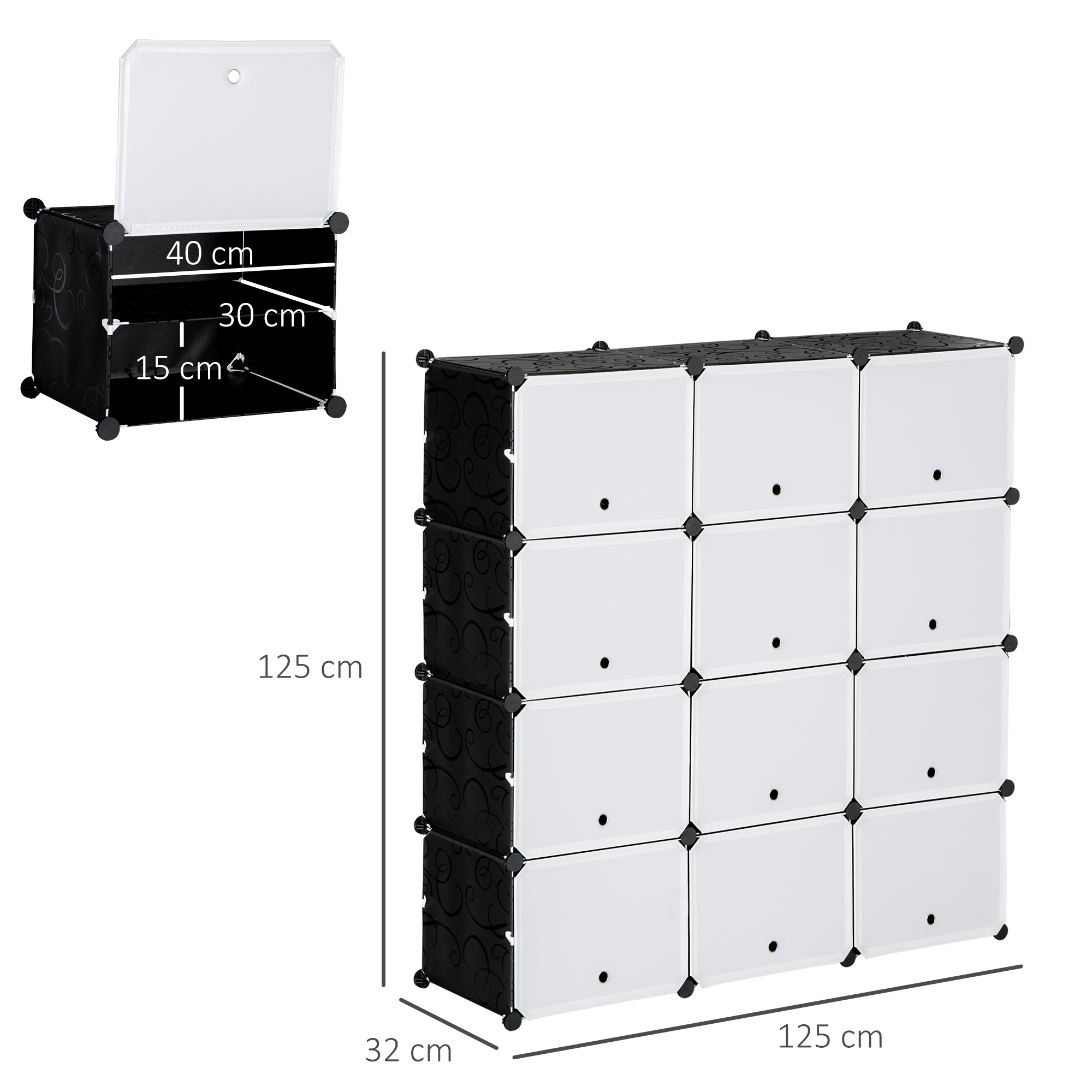 Modulares Regalsystem, Steckregal, zusammensetzbar aus 12 Würfeln 125 x 32 x 125 cm, Kunststoff+Stahl Schwarz