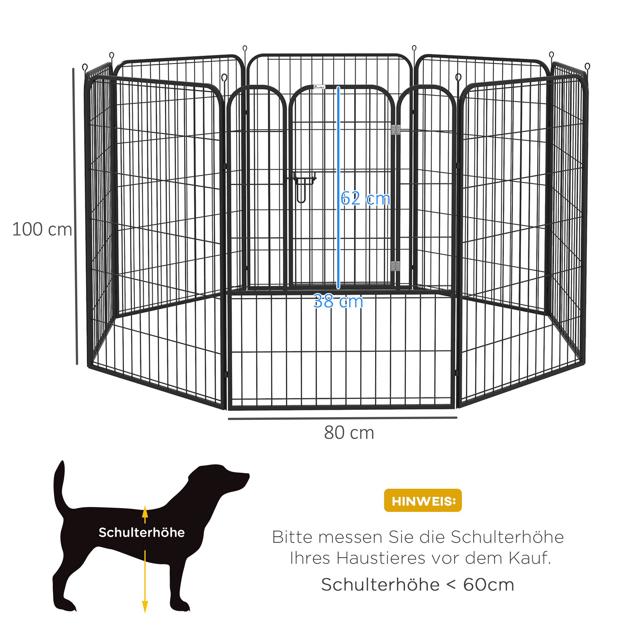 Welpenlaufstall, 8-teilig 100cm hoch Welpenauslauf mit abschließbarer Tür 8 Gitterplatten Stahl Hundelaufstall Freilaufgehege für große Hunde, für drinnen und draußen, Grau