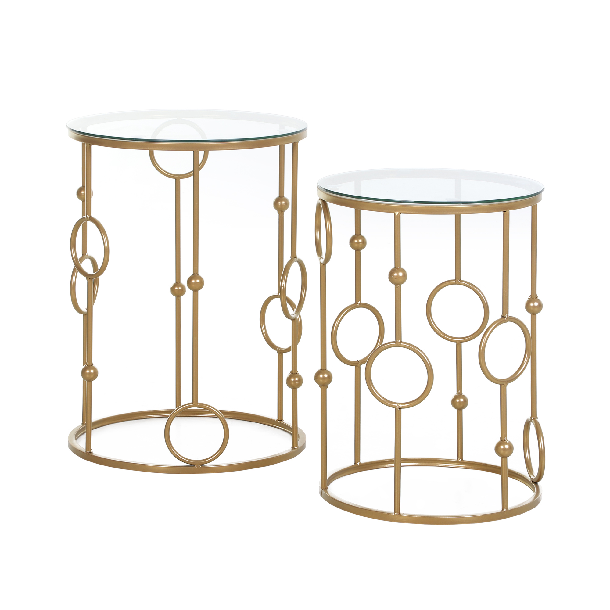 2er-Set Couchtisch, Beistelltisch mit Glasplatte, Wohnzimmertisch mit Reifen- und Kugeldesign Ø41 x 57 cm, Gold