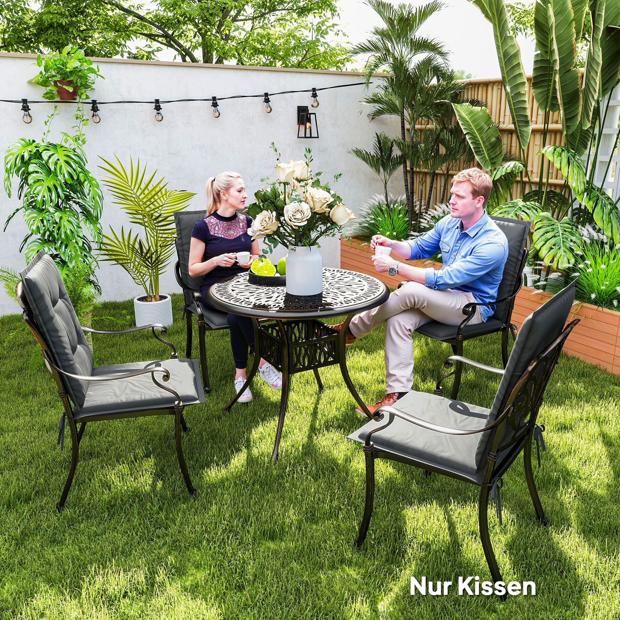 4er Set Sitzkissen 108 x 50 x 5 cm Stuhlkissen mit Bändern, Outdoor Indoor Sitzauflage Hellgrau