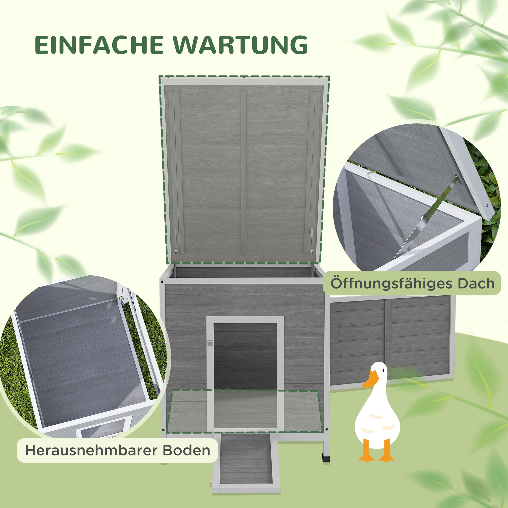 Entenstall Entenhaus aus Holz mit Asphaltdach, herausnehmbarem Boden, Seitentür, Geflügelstall mit Belüftungslöchern, wetterfest Gänsestall Hühnerhaus Hellgrau 63 x 82 x 76 cm
