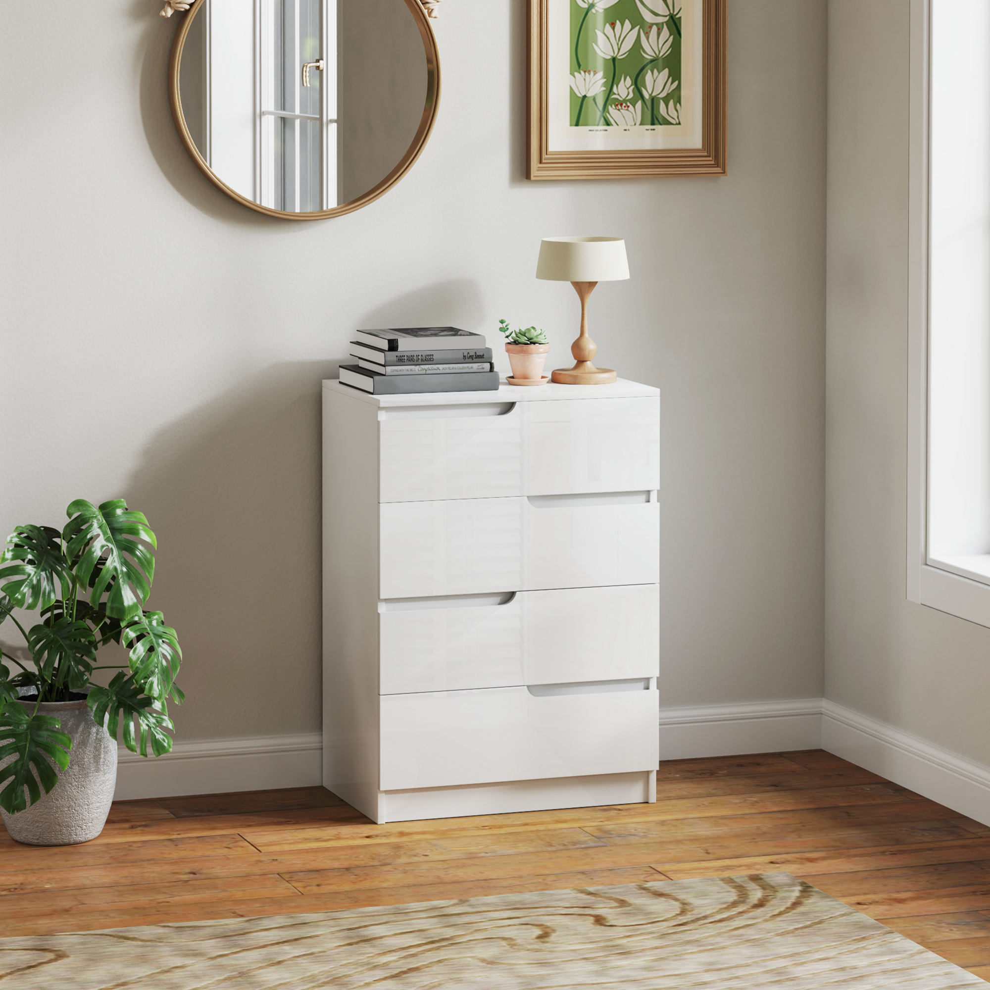 Moderne Kommode, Kleiderschrank, 4 Schubladen, Holz, Kippschutz, Fußpolster, Weiß