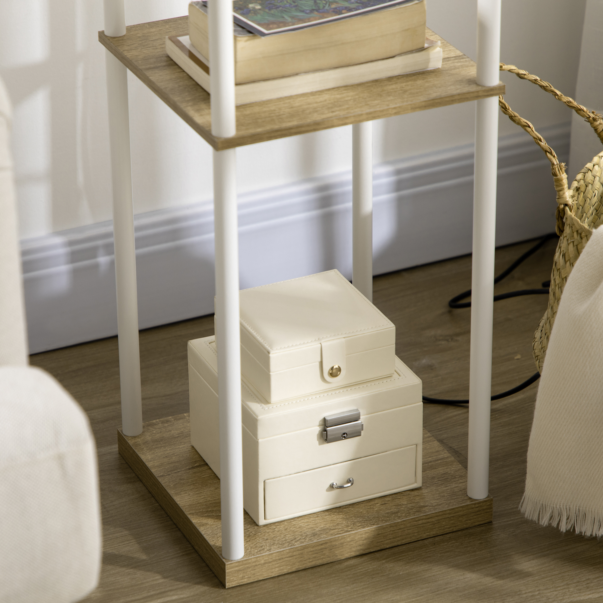 Standleuchte, Deckenfluter, mit Regalen, Metallrahmen, Stoffschirm, 26x26x159cm, Weiß/Braun