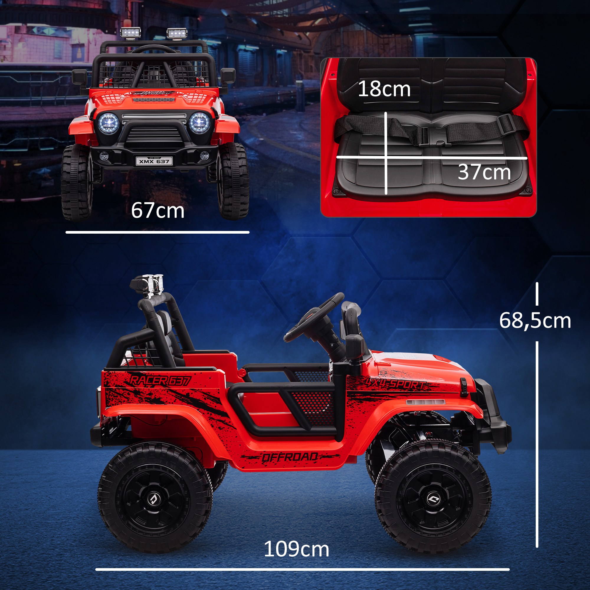 Kinder-Elektroauto mit sanfter Federung, fernsteuerbar, LED-Lichter, Hupe, 12V-Motoren, aus Kunststoff und Metall, Rot