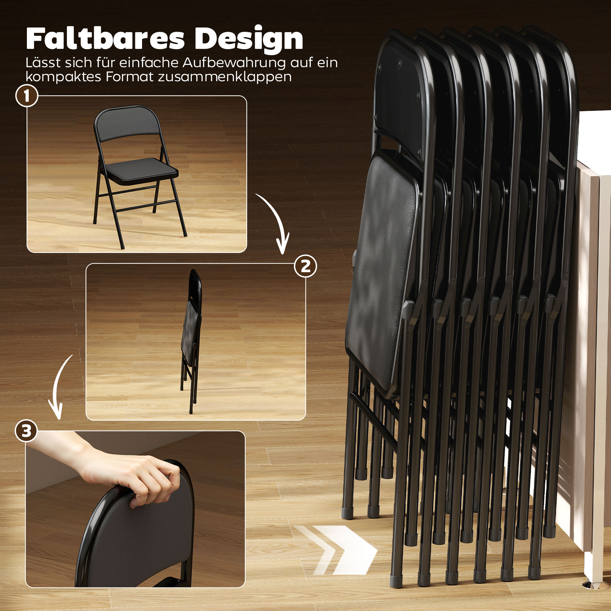 2er-Set Klappstühle, tragbare Bürostühle, Stahlbeine, Faltstuhl für Büro, Empfang, Wartezimmer, Kunstleder, Schwarz