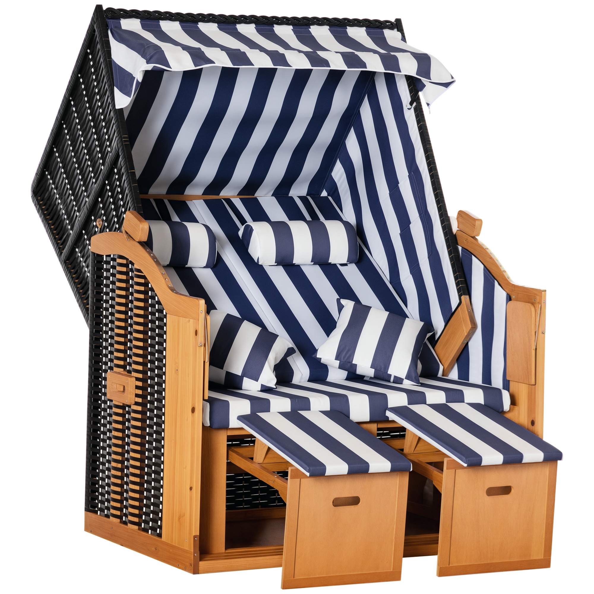 Strandkorb, doppelte Sonnenliege mit Dach, inkl. 1Klapptisch, Blau