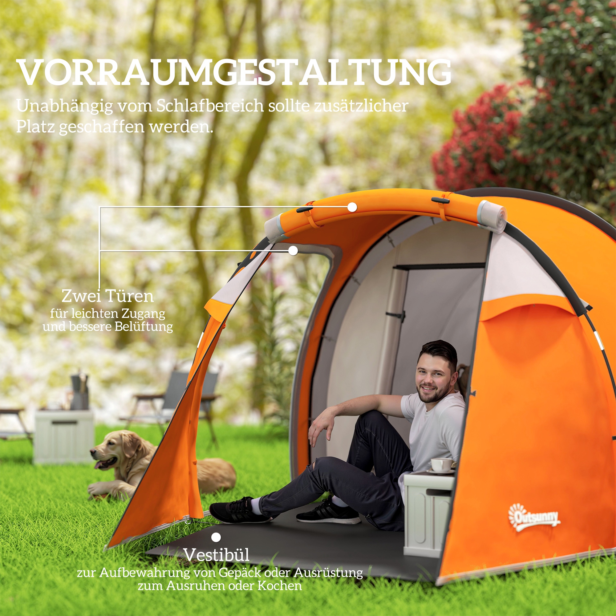 Tunnelzelt für 2-3 Personen, Campingzelt mit Vorraum Lampenhaken 2000mm Wassersäule Orange
