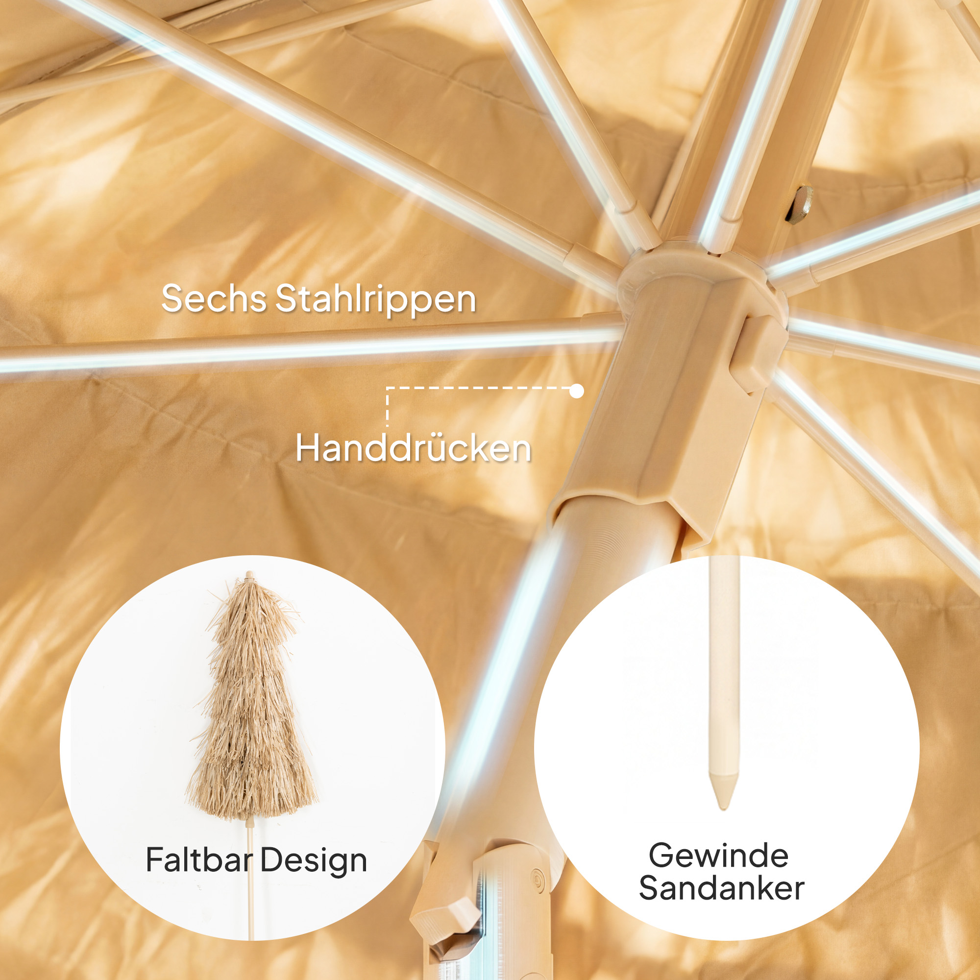 150 cm Hula Strohdach Tiki Strand- und Gartenschirm mit Sandanker, verstellbarer Höhe und Neigefunktion, Strohdach Sonnenschirm