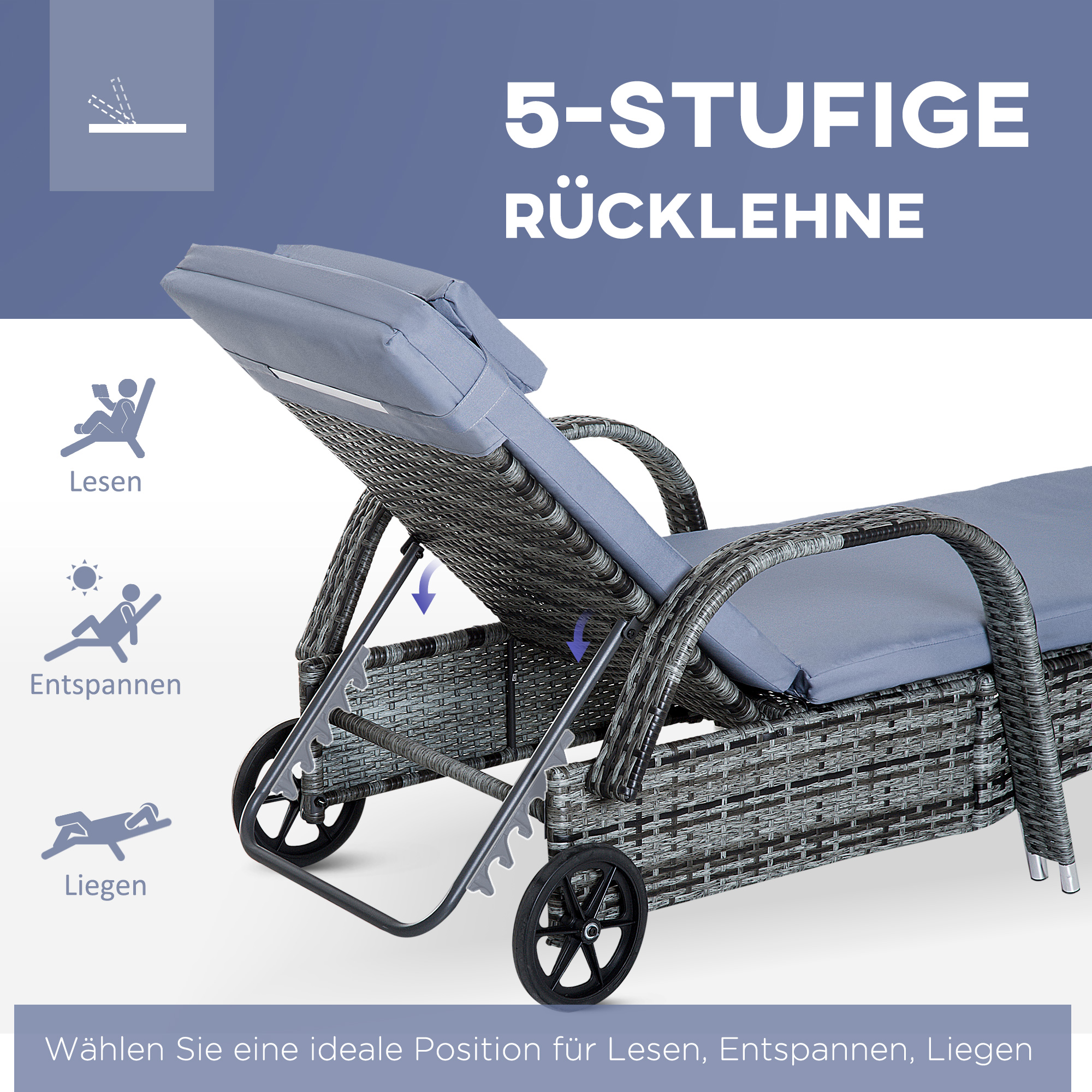 Sonnenliege Gartenliege Tisch 3er-Set Gartenmöbel, Polyrattan+Metall Grau