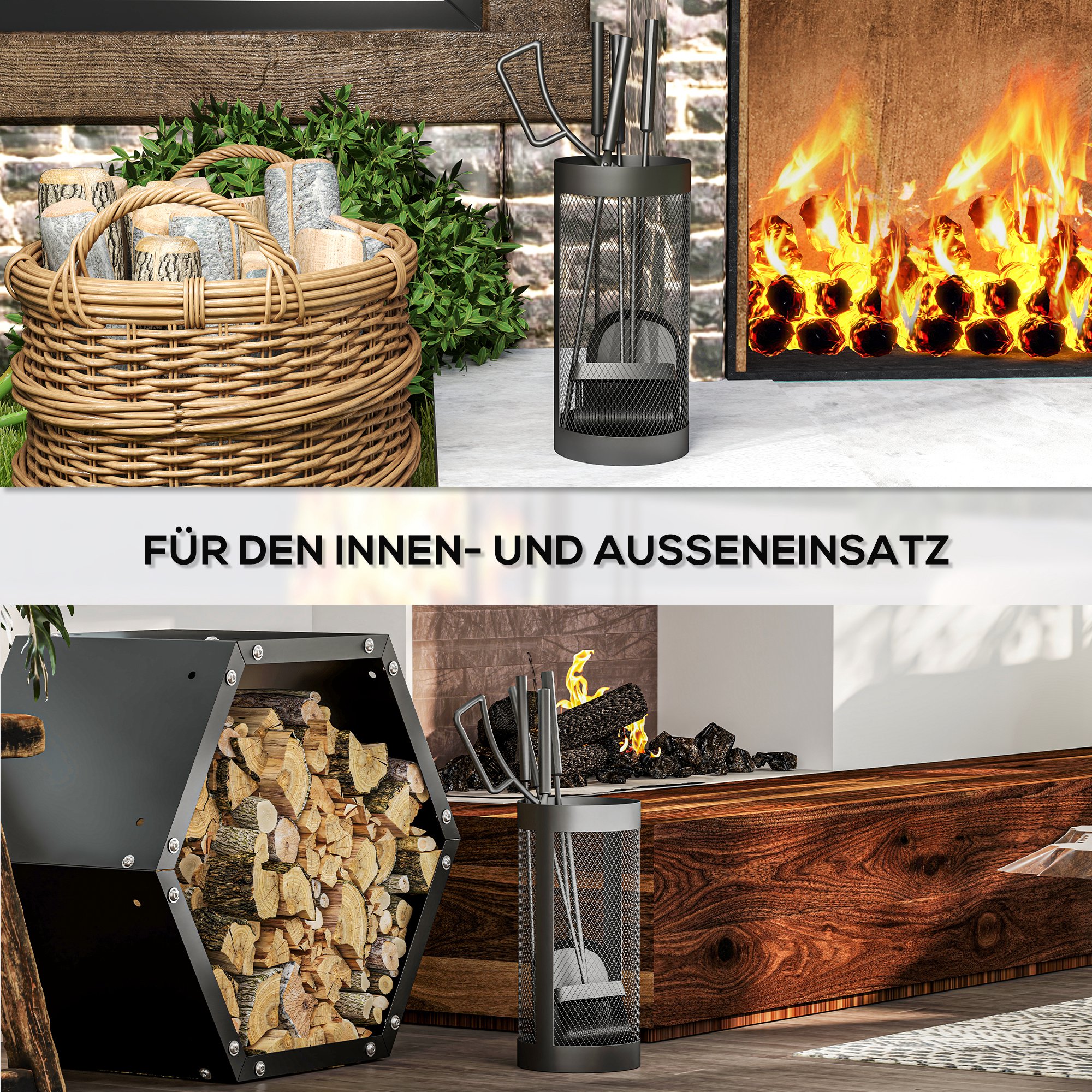 Kaminbesteck, 5-teilig, Besen, Schaufel, Zange, Schürhaken und Korb, feuerfestes Metall, Schwarz
