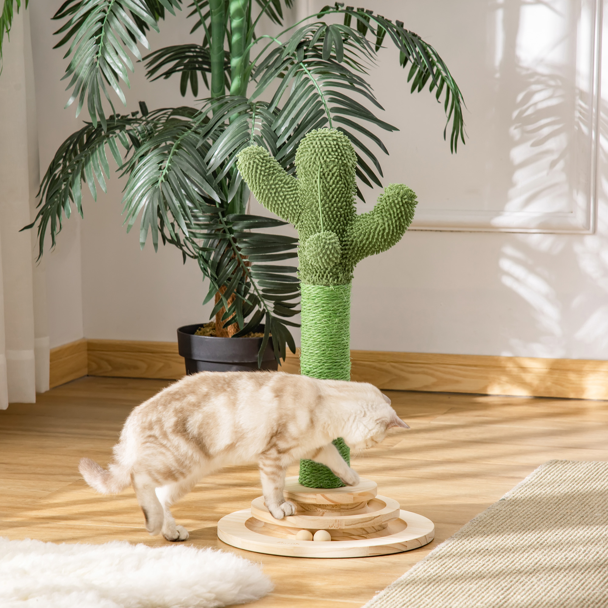 Katzen Kratzbaum Kaktus Katzenbaum Kiefernholz Sisal Seil Kratzstamm mit Holzkugel-Katzenspielzeug für Katzen 60 cm Hoch Grün+Natur