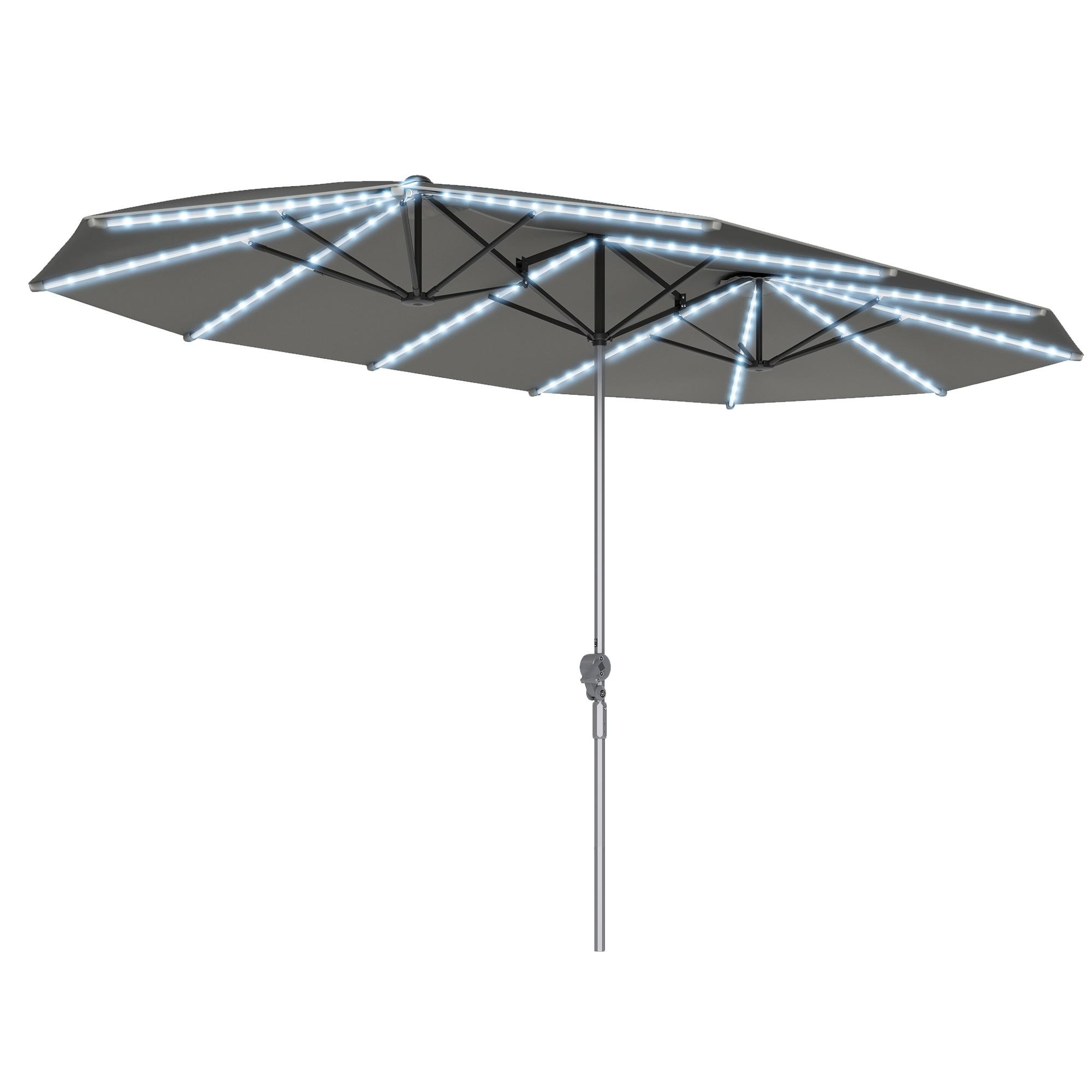 Doppelschirm mit Solar-Lichtern, Aluminium, Polyester, UPF50+ Schutz, UV-beständig, Terrassenschirm, Dunkelgrau