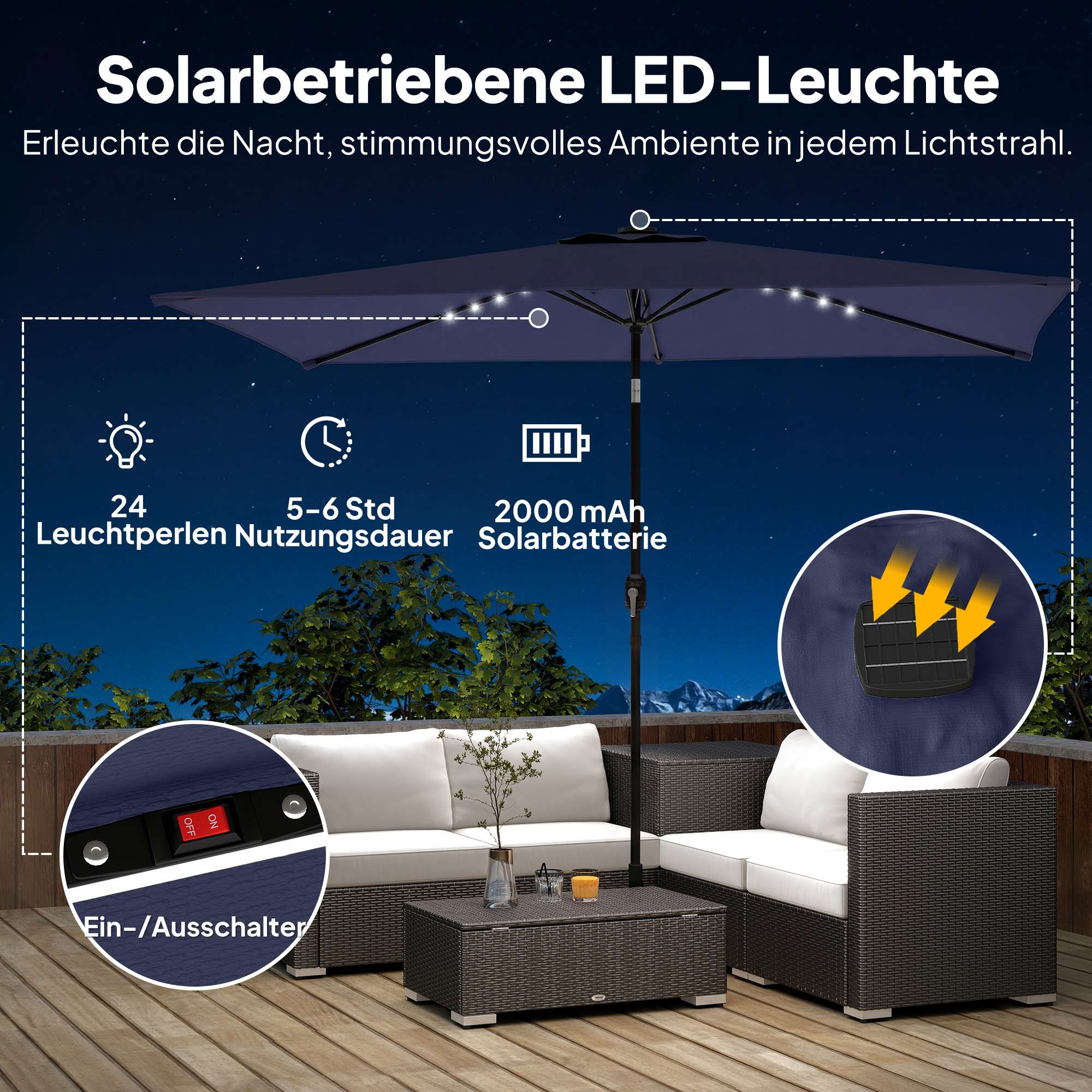 Sonnenschirm LED Solar ca. 300 x 200 cm knickbar Balkonschirm mit Kurbel Schutzhülle, UV Schutz, Drehbar Marineblau