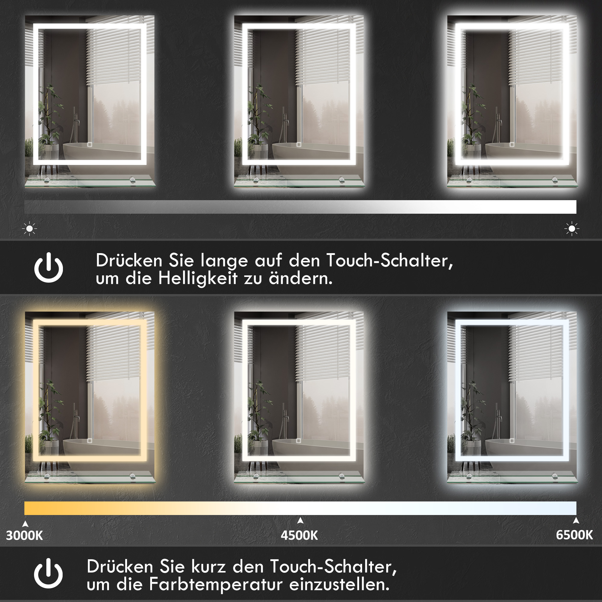 Badezimmerspiegel mit LED-Beleuchtung, 3 Lichtfarben, Antibeschlag-Funktion, verkabelt, 70 x 50 cm