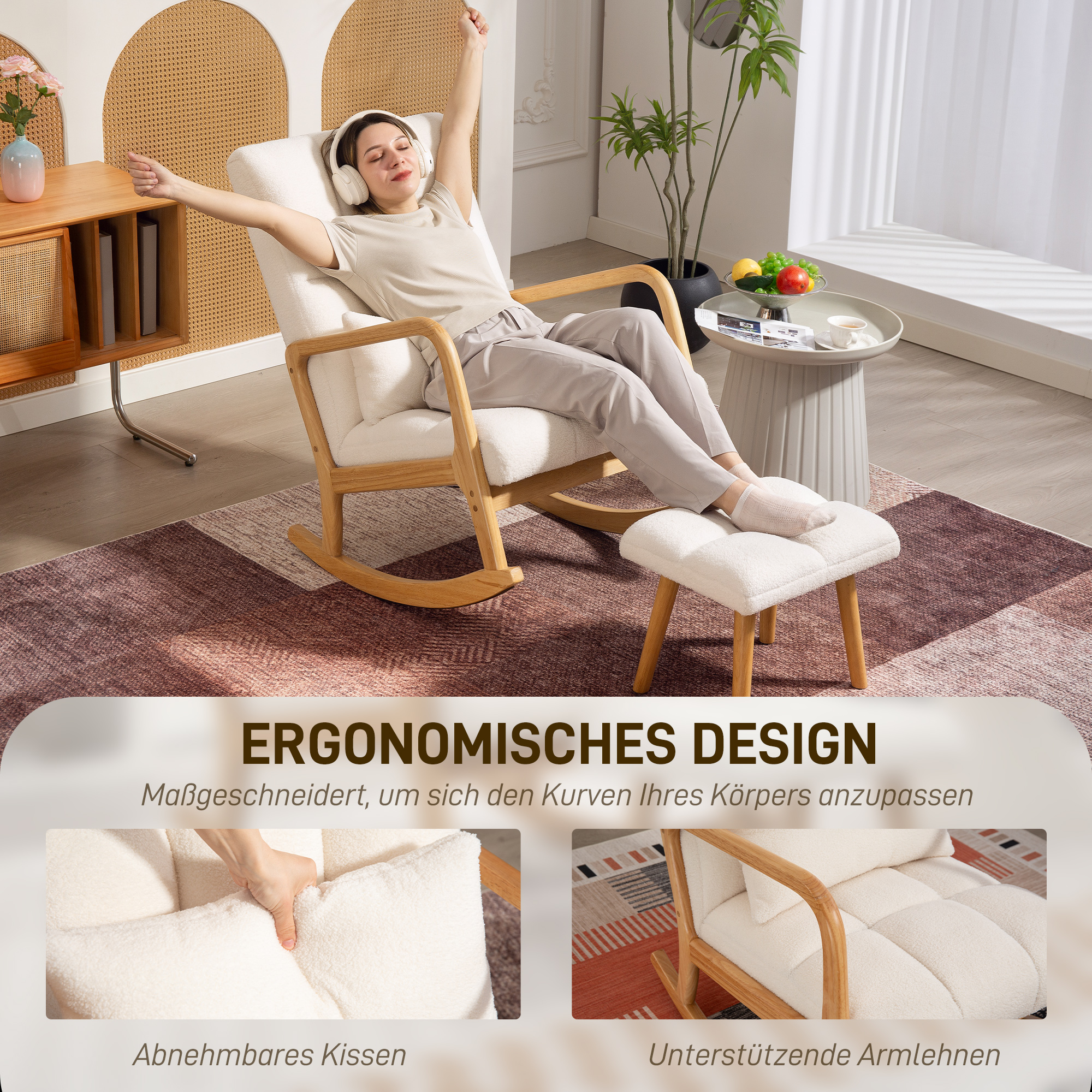 Schaukelstuhl mit Fußhocker, Fleece-Bezug, Hohe Rückenlehne, Holzbeine, Fußpads, Weiß