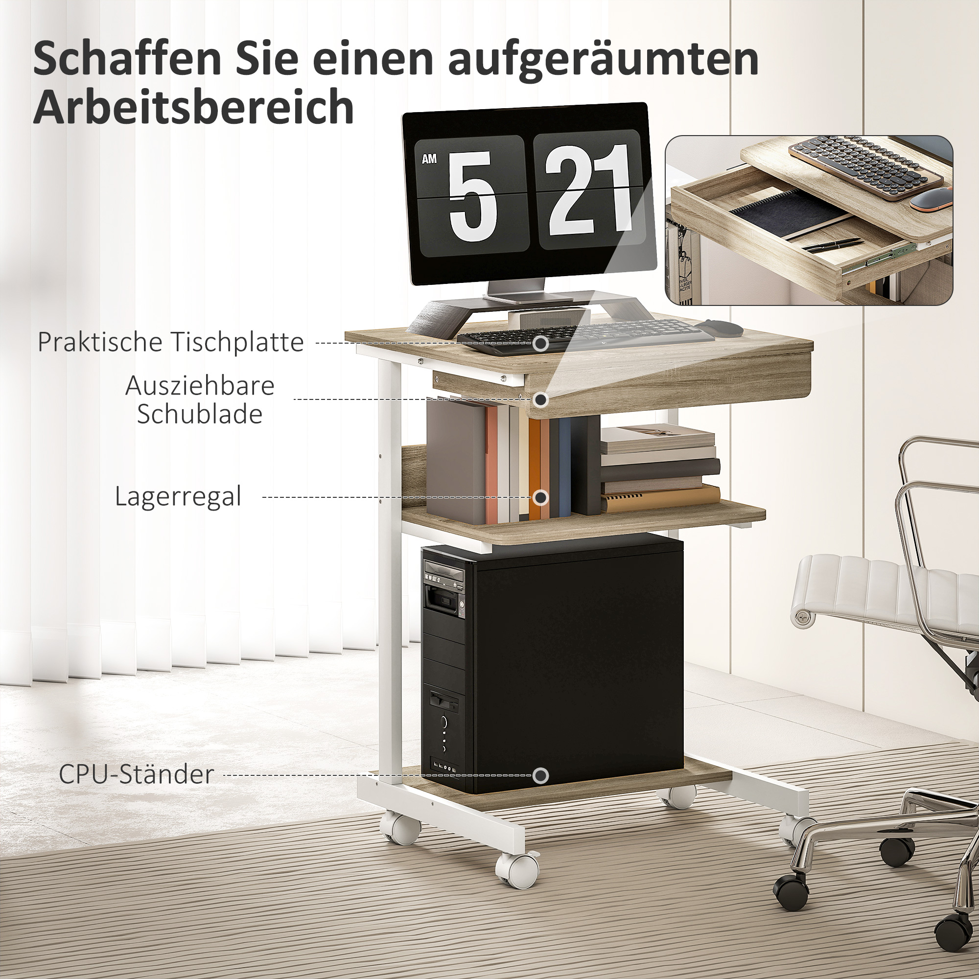 Roll-Schreibtisch mit Schublade und Regalen, 4 Räder, kompakt, Spanplatte, Metall