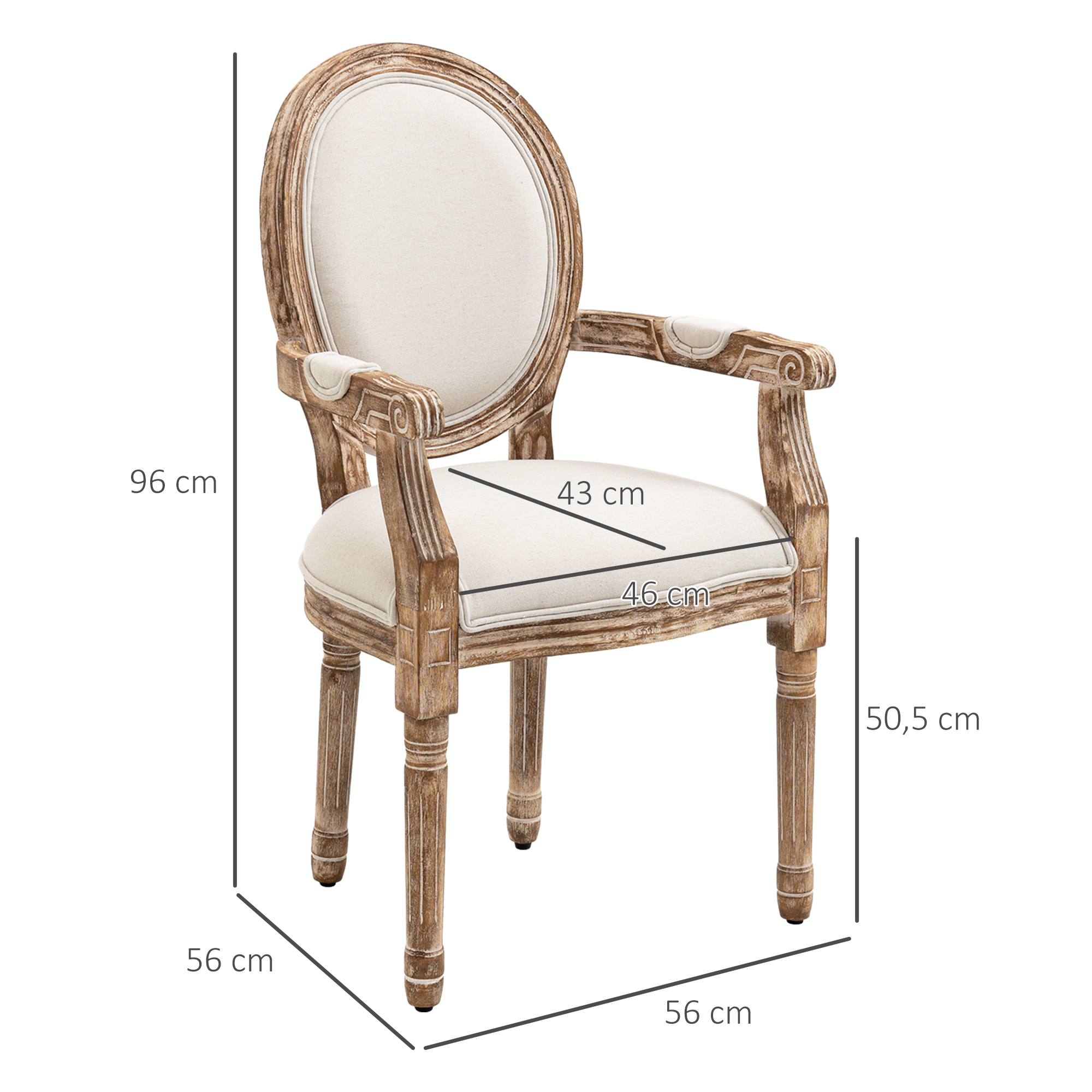 Küchenstuhl mit Armlehnen Polsterstuhl Esszimmerstuhl Retro-Design im Leinen-Optik für Wohnzimmer Gummiholz Cremeweiß+ helle Holzfarbe 56 x 56 x 96 cm