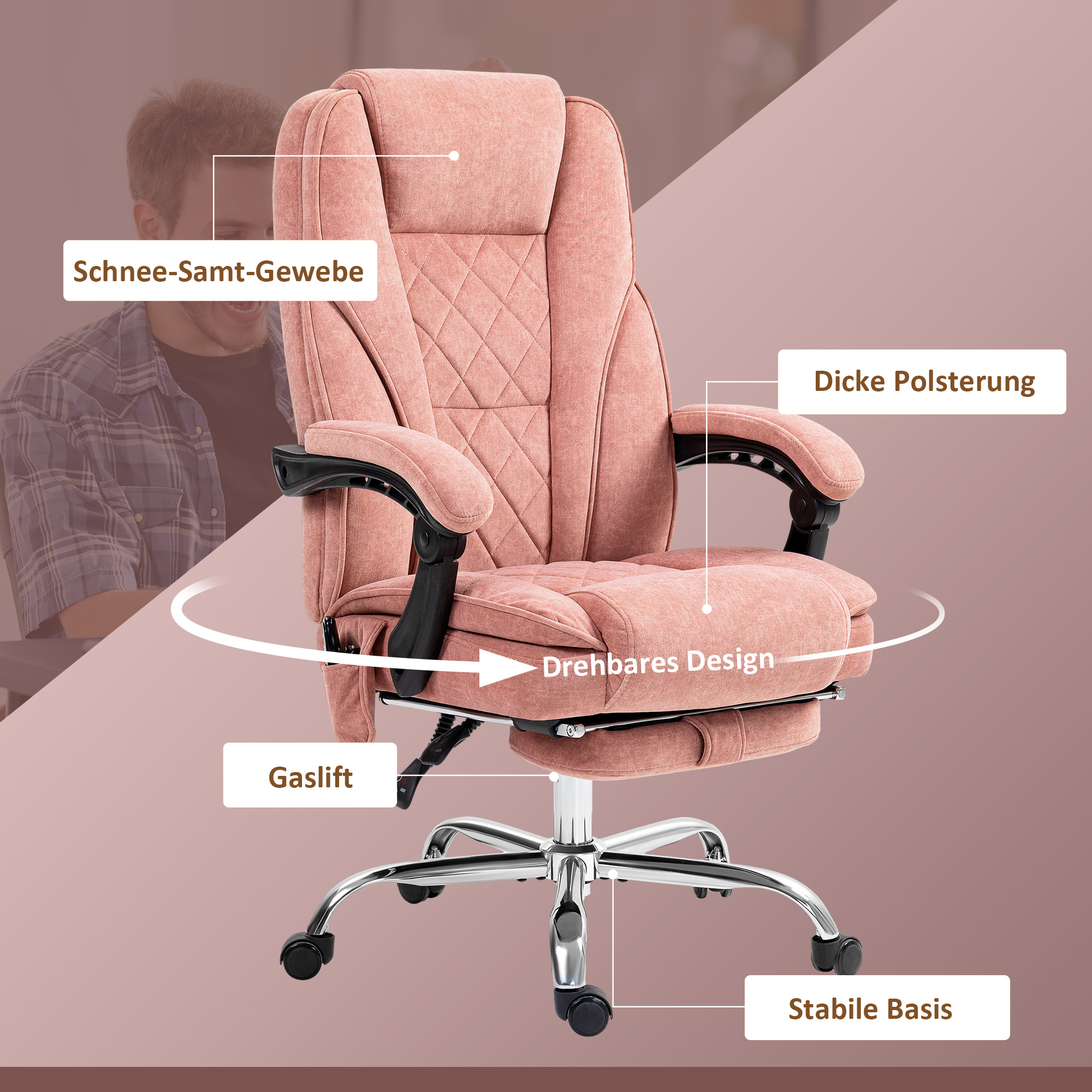 ergonomischer Bürostuhl mit Massagefunktion, Fußstütze, drehbar, rollbar, Rosa