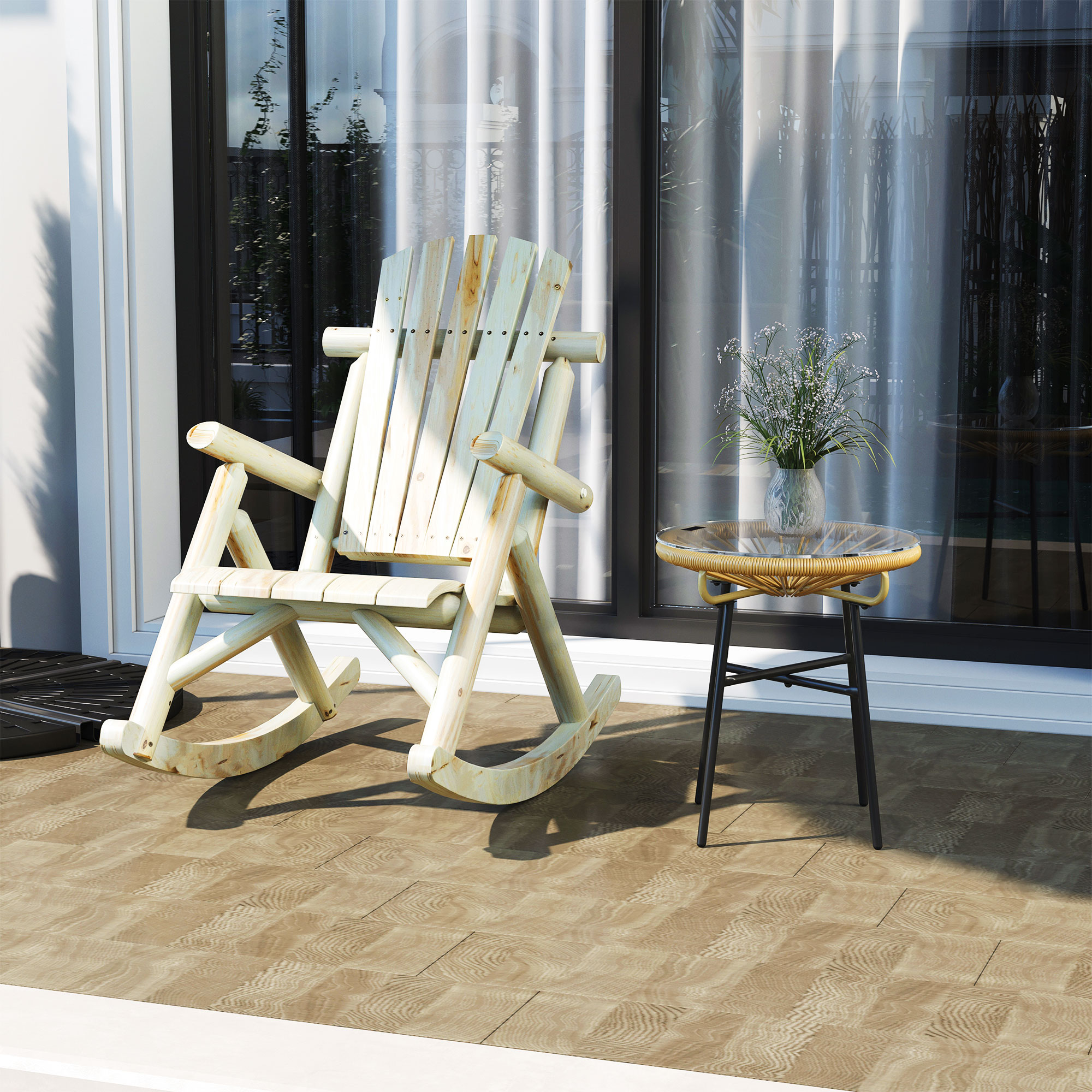 Schaukelstuhl aus Holz Schaukelsessel mit hoher Rückenlehne wetterfest Gartenstuhl bis 113kg belastbar Relaxstuhl für Wohnzimmer Garten, Rasen, Balkon Natur