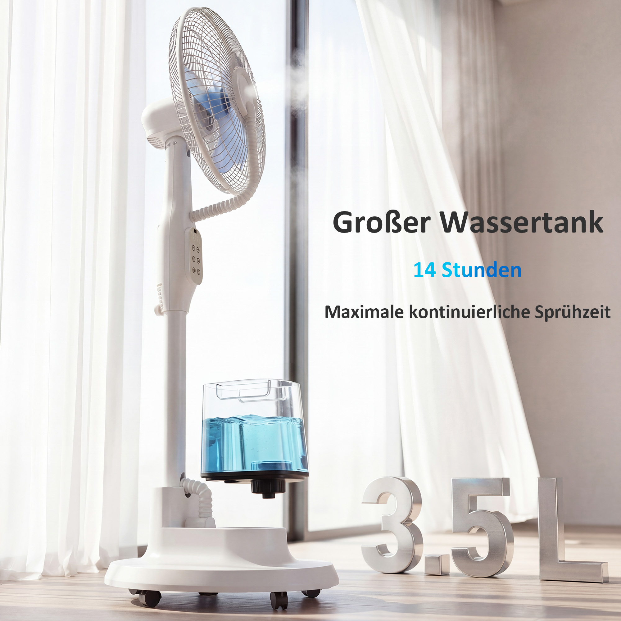 Stehventilator mit Sprühnebel, 70° Oszillation, 3 Geschwindigkeiten, 3 Modi, 3,5L Wassertank, Weiß