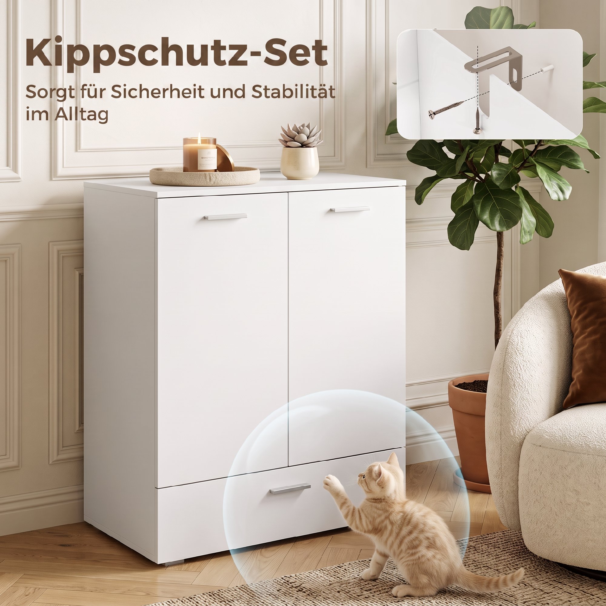 Modernes Sideboard, freistehender Aufbewahrungsschrank mit Schublade und verstellbarem Einlegeboden, Weiß