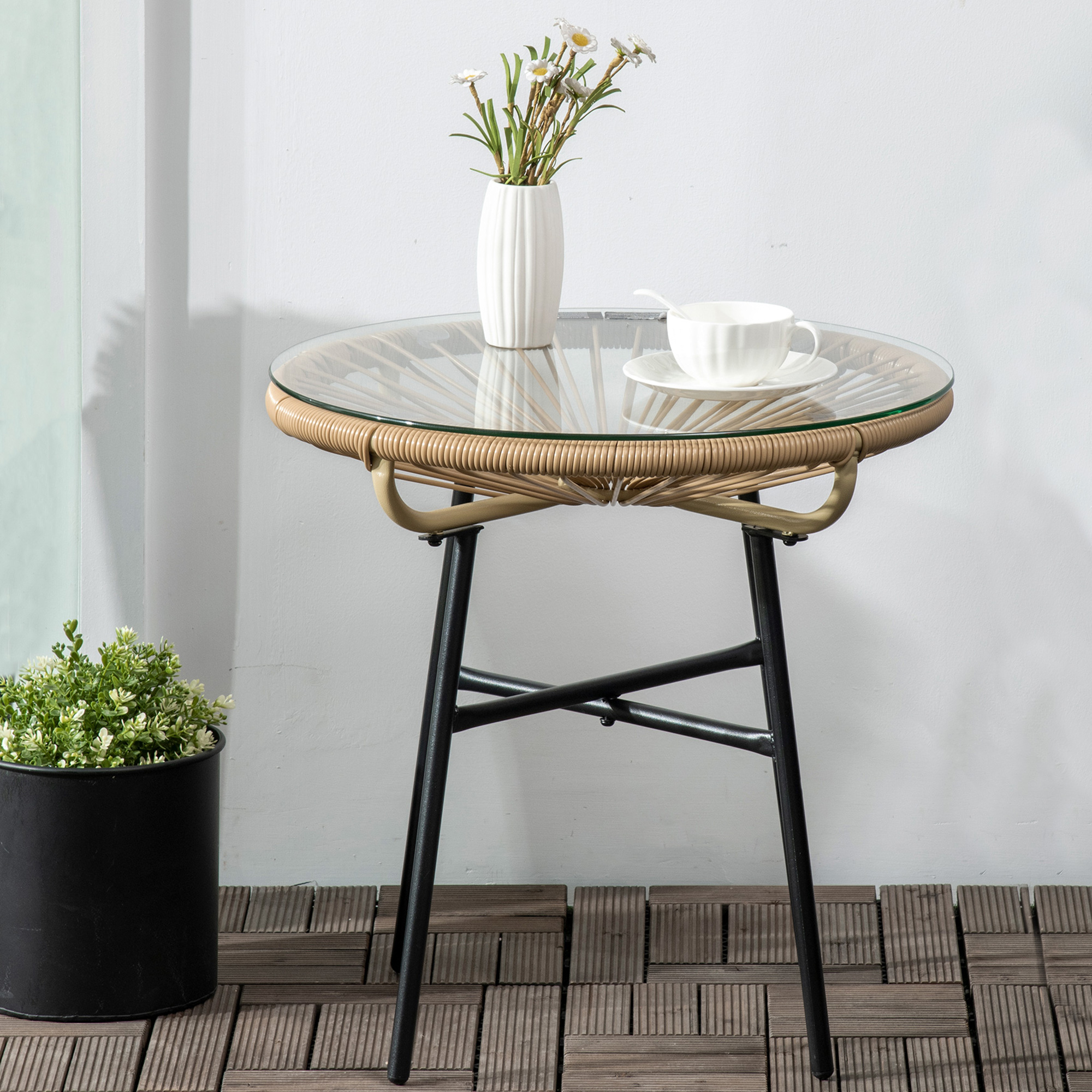 Gartentisch im Boho-Stil, PE-Rattan, gehärtetes Glas, wetterbeständig, 50 cm x 50 cm x 50 cm, Beige