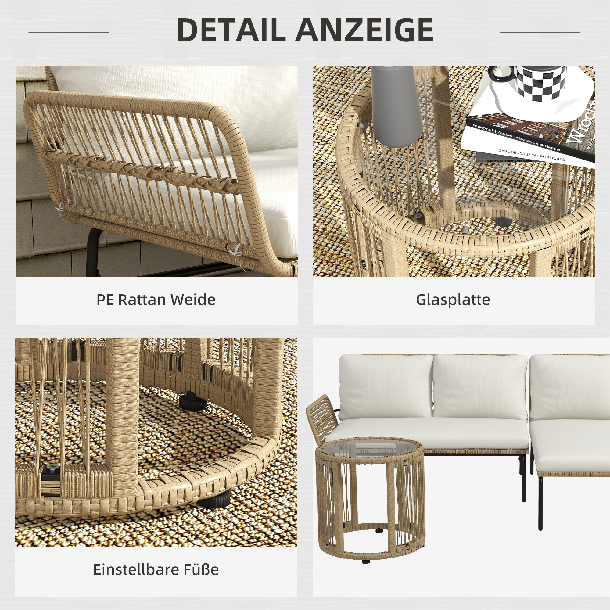 Gartensitzgrupp Loungemöbel-Set, PE Rattan, 122 x 79 x 75 cm, Natur + Cremweiß