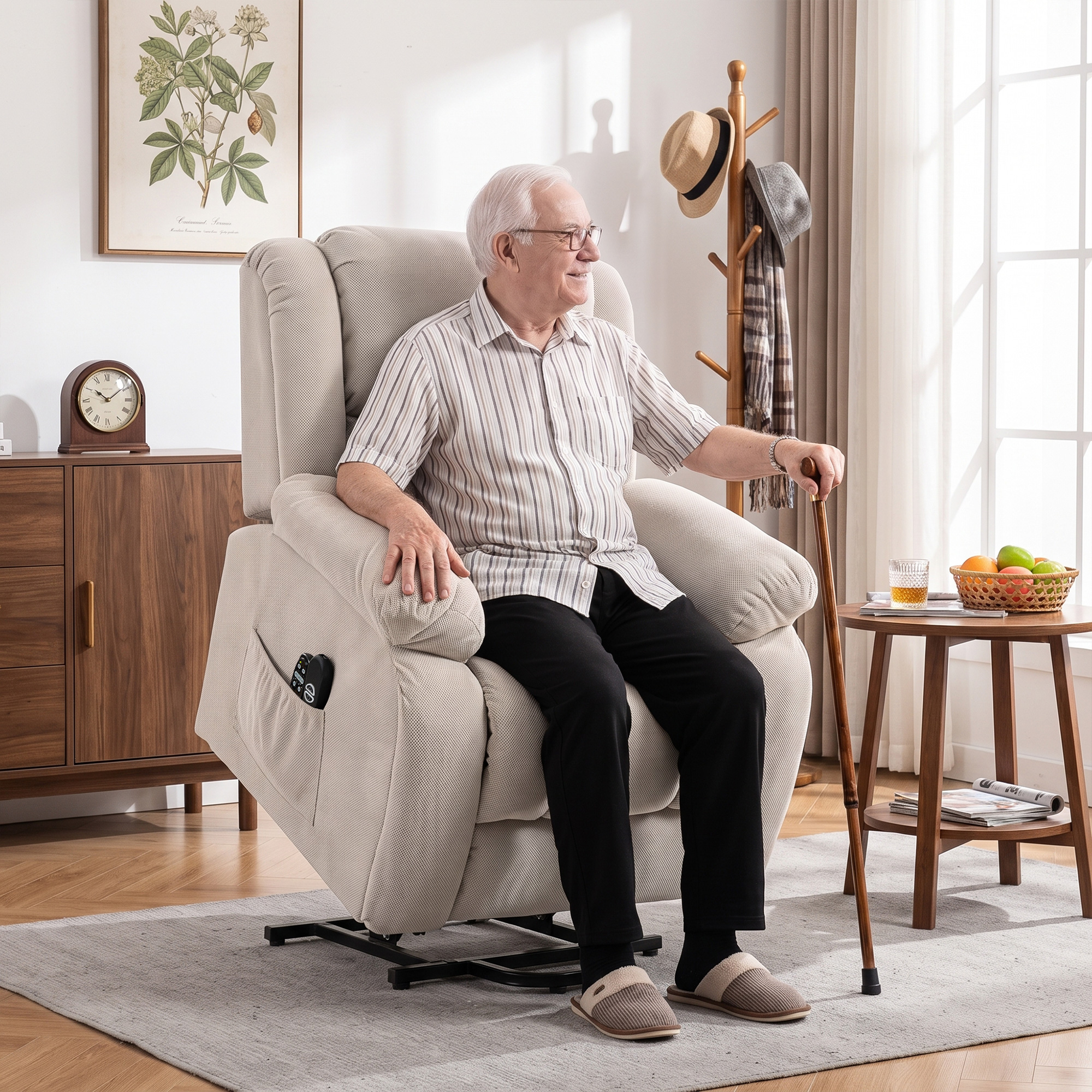 Fernsehsessel mit Massage- und Wärmefunktion, Elektrischer Aufsteh-Sessel, Fernbedienung, Seitentaschen, Beige